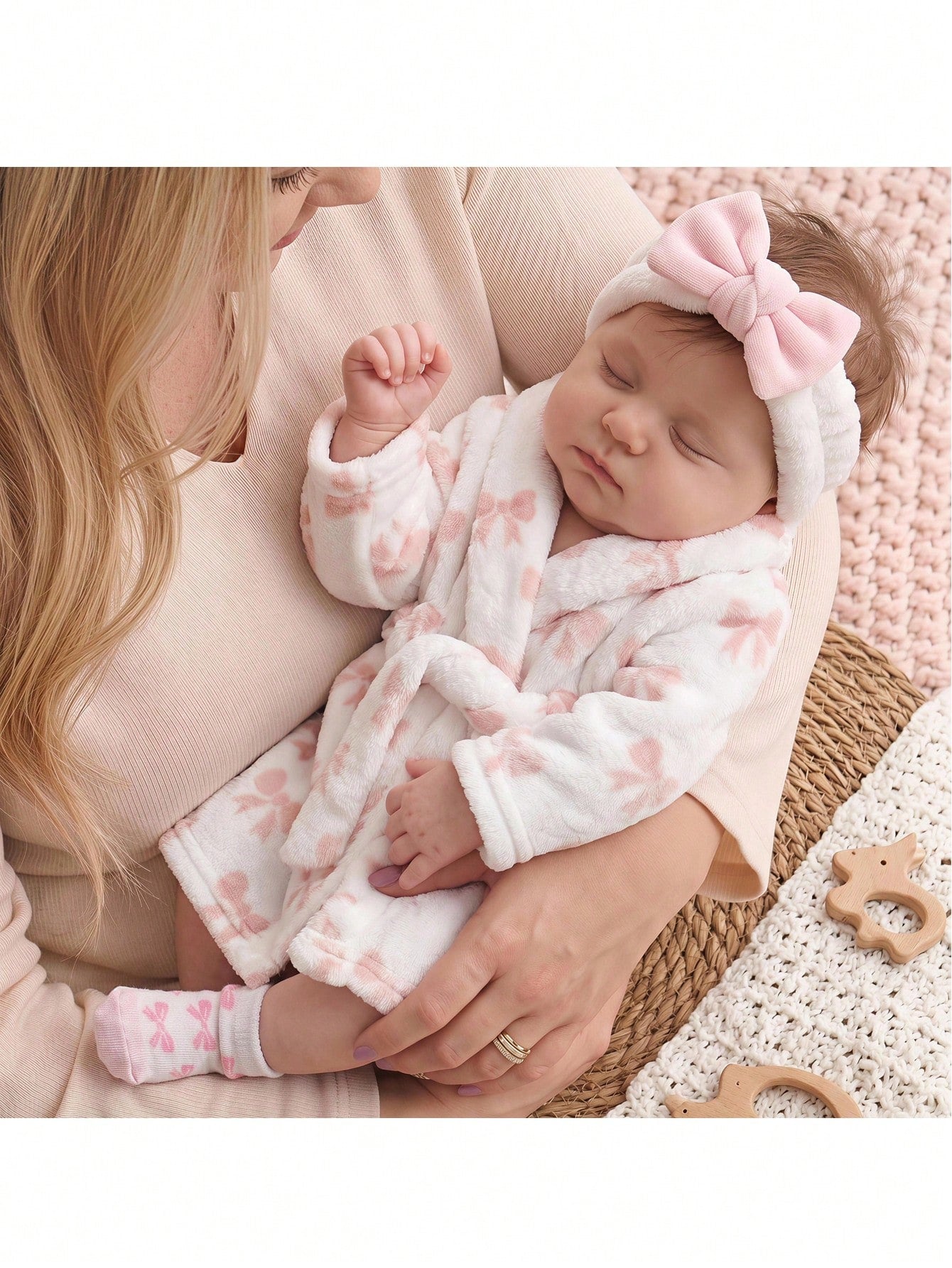 Loomiva Newborn Baby Pajamas Pink Bow Print Belted Long Sleeve Tie-Up Robe Comfortable Loungewear Set, Suitable For Home Wear