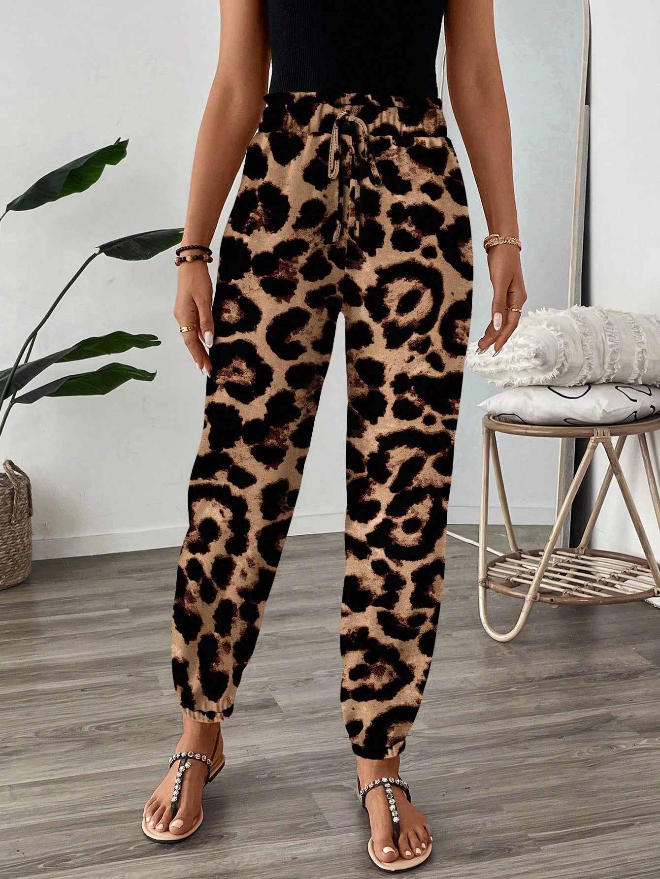 LUNE Women's Leopard Print High Waist Elastic Pants,Tan Summer Casual Vacation Resort Style Cheetah Animal Print Flare Leg Vintage Floral Casual Pants