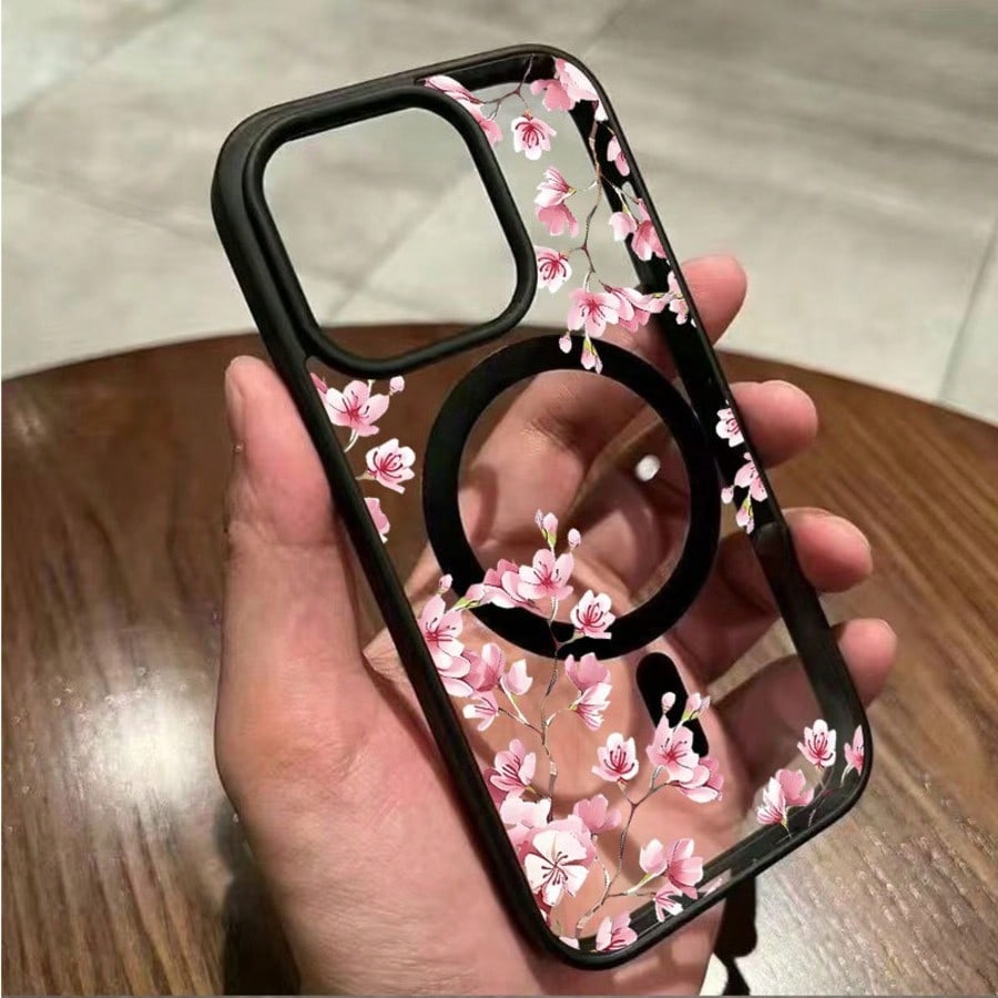 Magnetic Flower 17/16/15/14/13/12 Pro Max Phone Case, Magnetic Charging Protective Cover, Transparent Minimalist Elegant Anti-Drop
