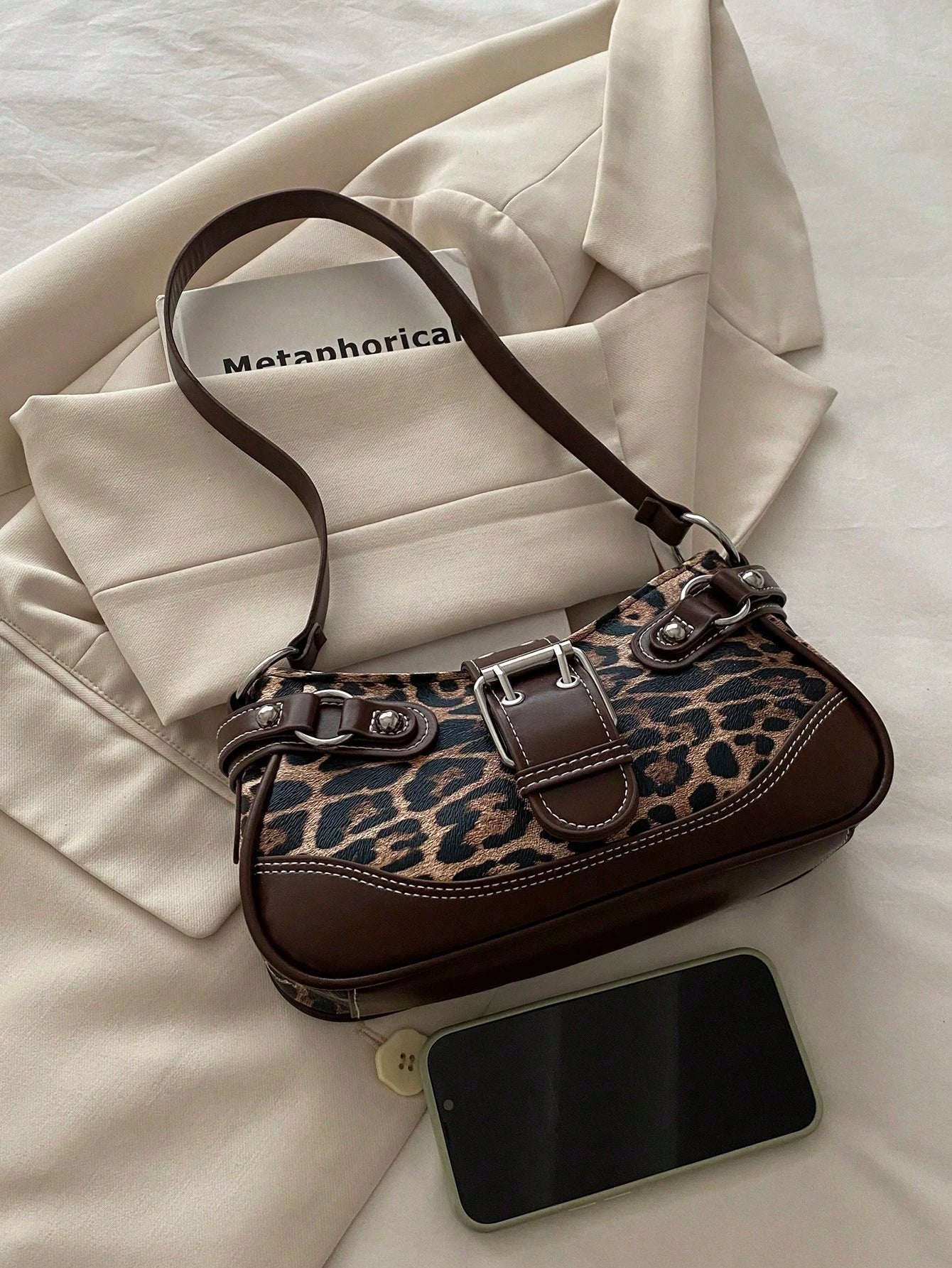 Minimalist Chic Leopard Print Shoulder Bag For Women, Vintage Y2K Crescent Underarm Bag, Stylish Small Designer Handbag