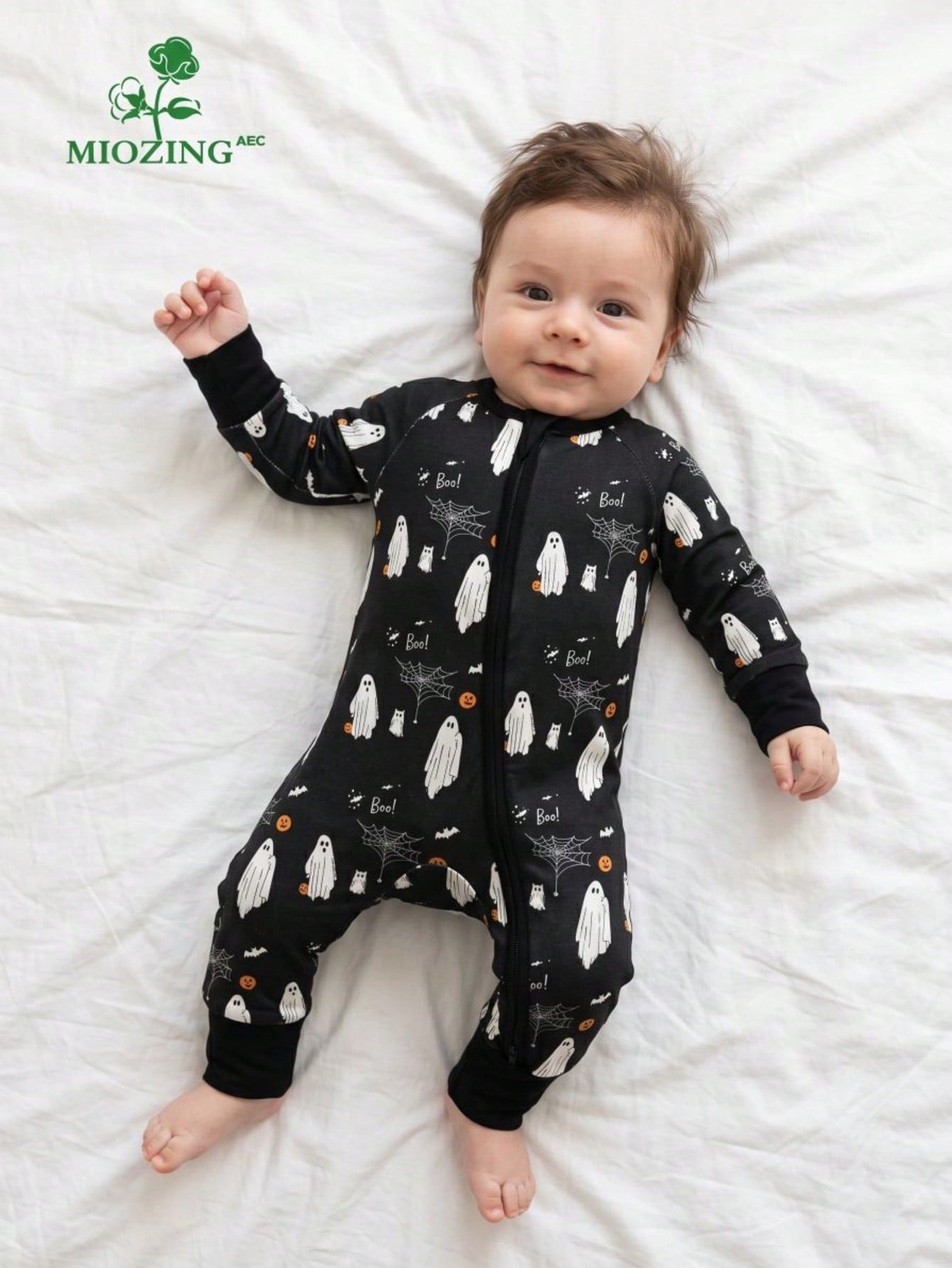 MIOZING Black Halloween Romper, Long Sleeve Zipper Infant Jumpsuit, Ghost Spider Pattern Daily Outfit, Breathable Bamboo Fiber Fabric For Baby Boys