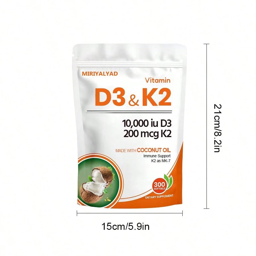 Miriyalyad Corefeel Vitamin D3 K2, 5000 D3 100mcg K2, 300 Softgels, 2-In-1 Vitamin D & K Supplement With Coconut Oil, Supports Calcium Absorption And Bone Health, Easy To Swallow