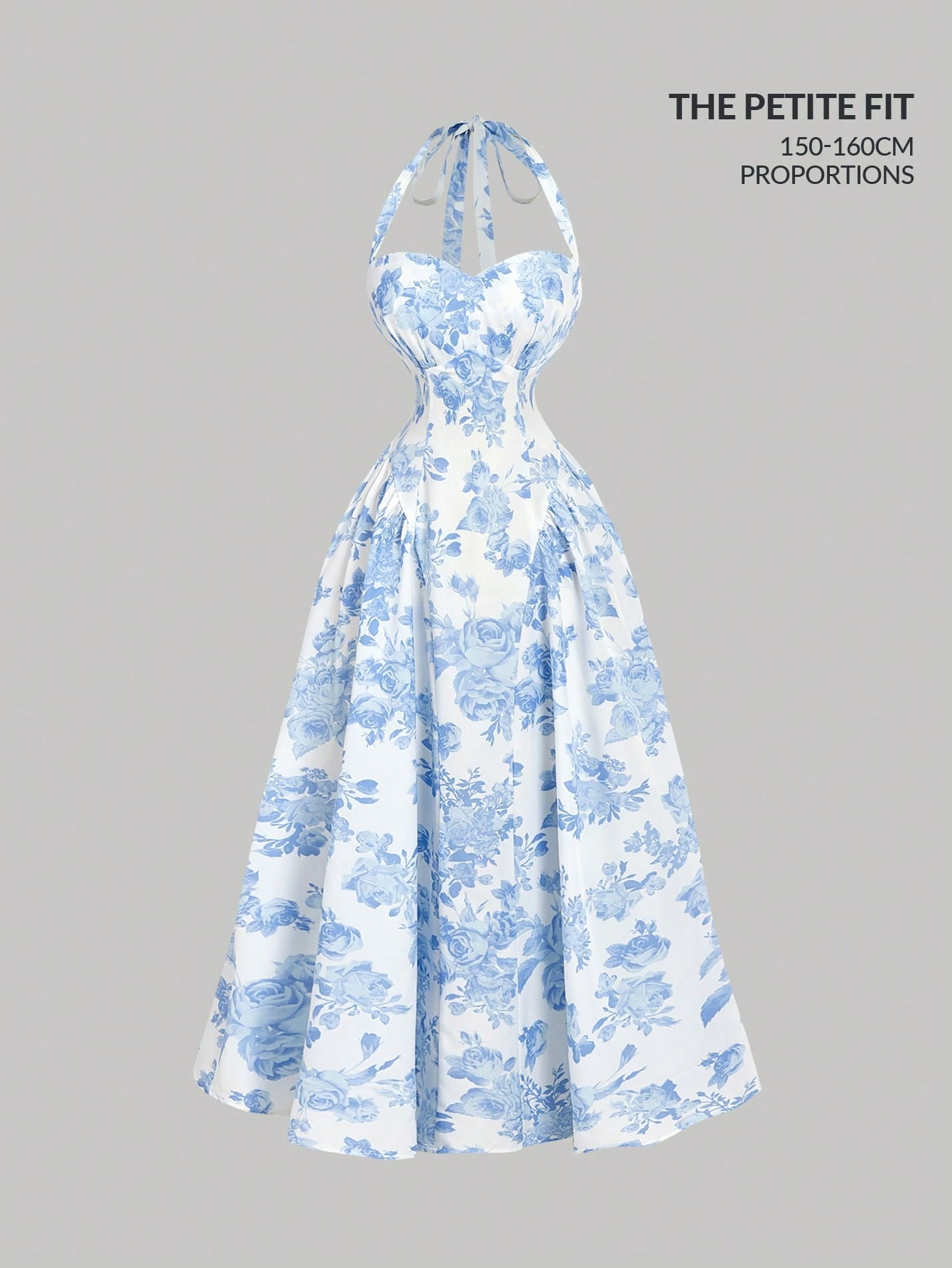 MOD Petite Women's Elegant White And Blue Floral Halter Mid-Length Dress,Petite Perfect 150-160cm Summer Holiday Tea Party,Boho Wedding Guest Outfit