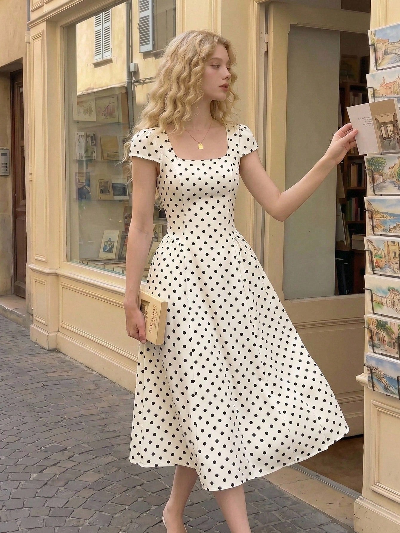 MOD White With Black Polka Dots Square Round Neck Cap Sleeve Midi Dress 1960s Vintage,Back To School,Graduation Dress,Vacation,Brunch Outfits,Summer