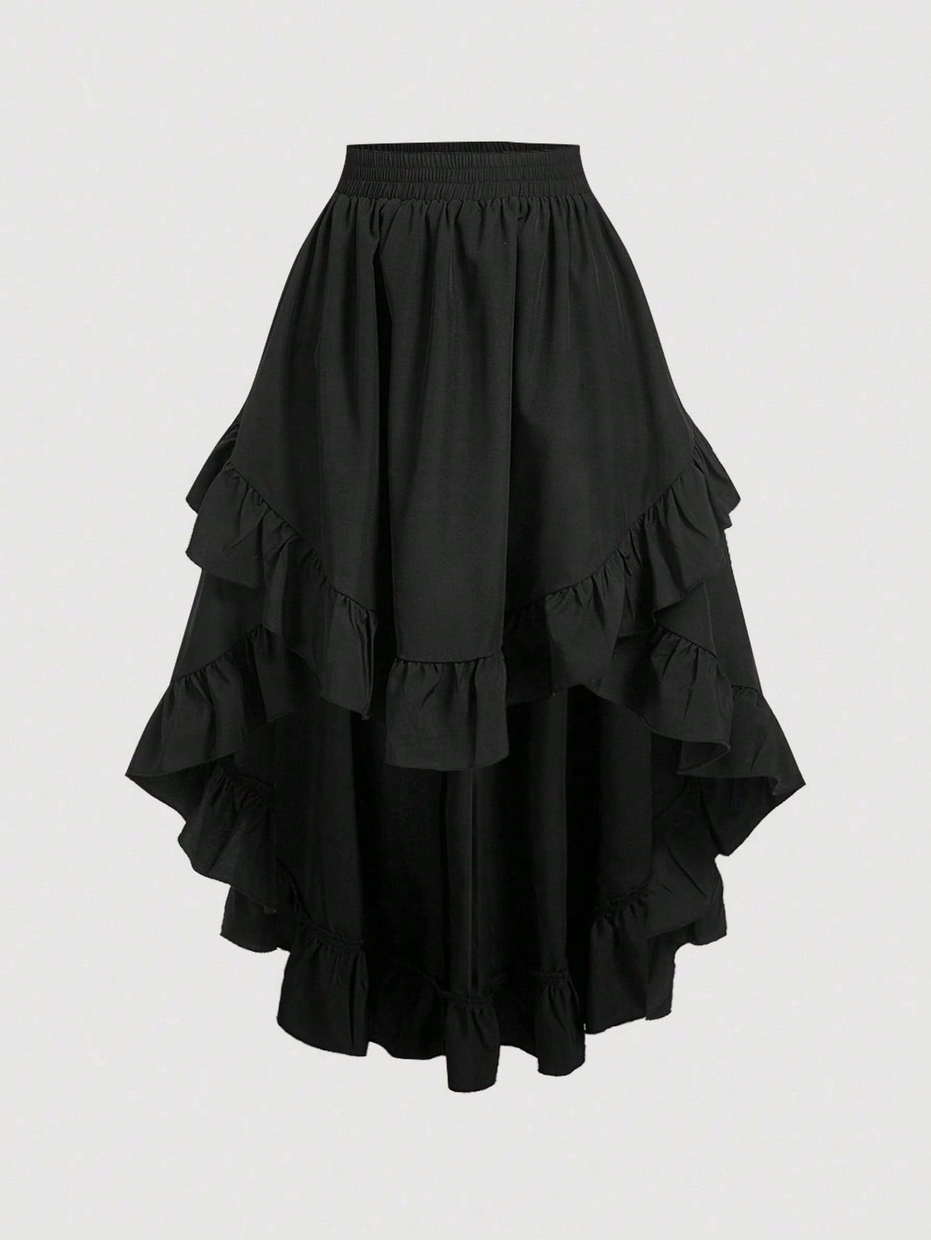 MOD Women's Black Ruffle Hem Skirt, Retro Black Layered A-Line Skirt Party Birthday Autumn 70's Goth
