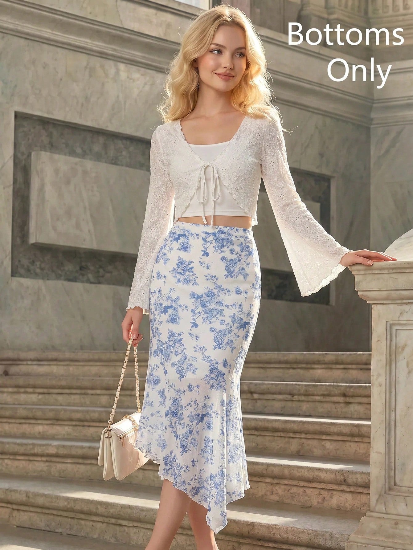MOD Women's Ruched Waist Side Tie Asymmetrical Hem Blue & White Floral Print Skirt