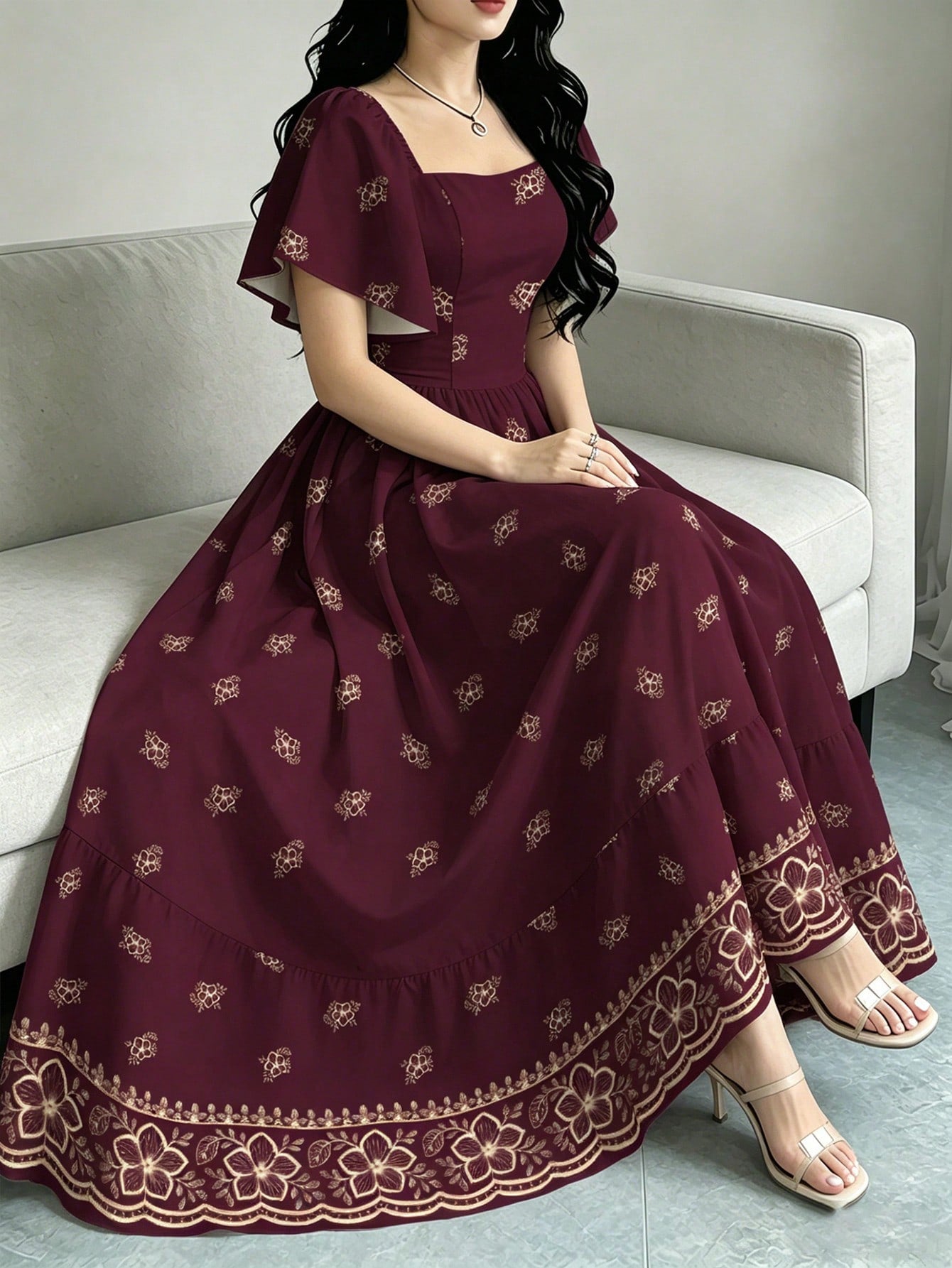 Modelyn Peach Blossom Floral Print Elegant Purple Dress, Women's Fashion Square Neck Puff Sleeve Cap Sleeve Dress, Hem Ruffle Trim Design, Summer Vacation Style Dress