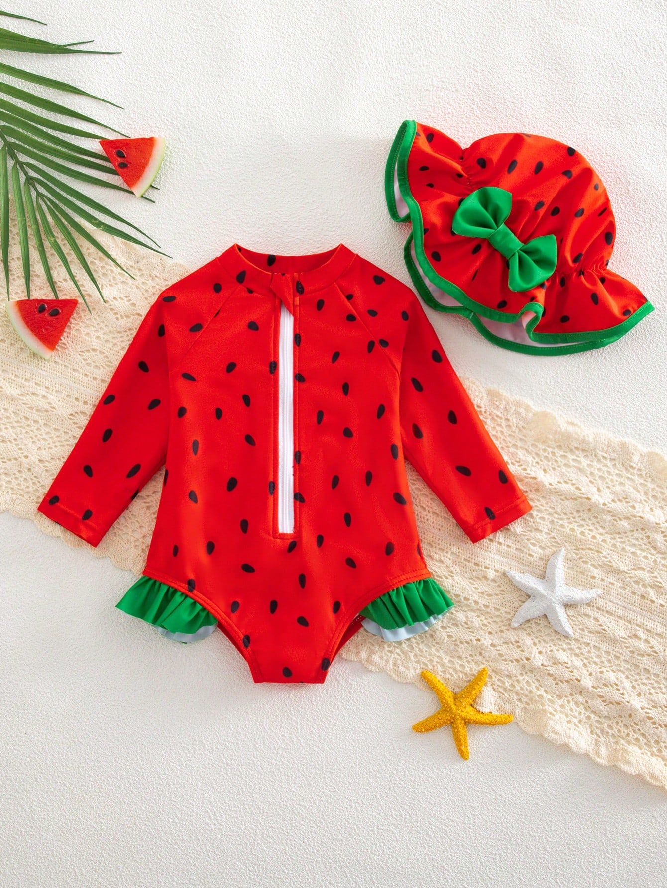 Newborn Baby Watermelon Print Color Block Ruffled One-Piece Swimsuit With Hat Beach Essentials Wear Swimwear For Bathing Suits