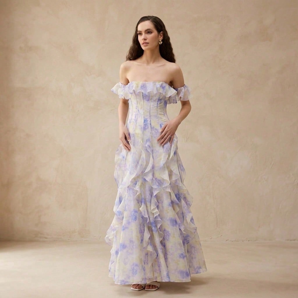 Off Shoulder Maxi Dress With Ruffle Trim Corset Seam Pastel Watercolor Tie Dye Print Elegant French Romantic For Beach Vacation Wedding Guest Resort