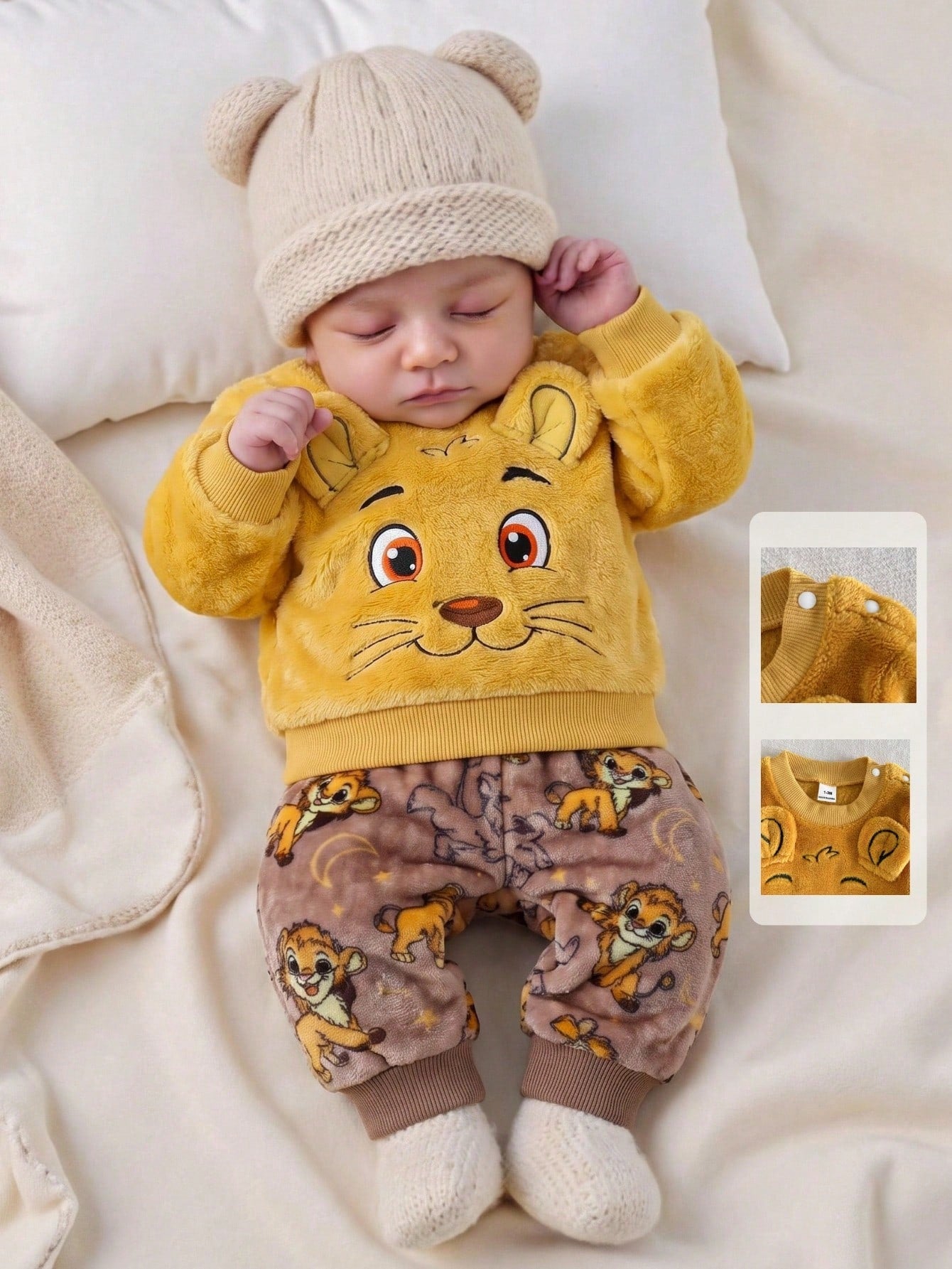 Playful Pals 2pcs/Set Newborn Baby Boy Yellow Crew Neck Long Sleeve Pullover Lion Embroidery Top + Elastic Waist Lion Animal Cartoon Print Pants, Casual Cute Retro Sporty Thermal Lined Thick War