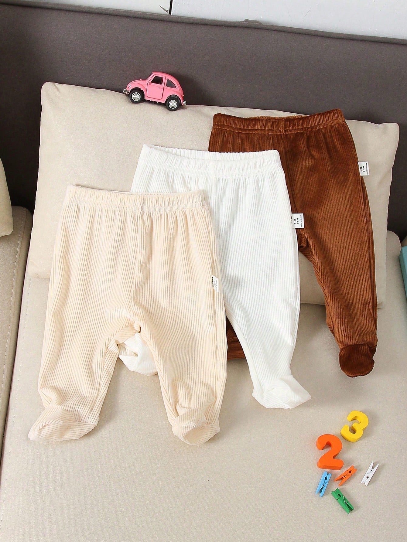 Playful Pals 3pcs/Set Newborn Baby Boys Girls Casual Solid Color & Striped Ribbed Knit Elastic Footless Pants,Soft & Comfortable Daily Wear All Seasons Trousers