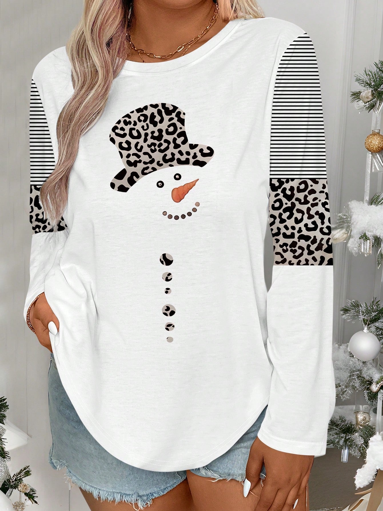 Plus Size Christmas Snowman & Leopard Print Long Sleeve T-Shirt, Casual And Fashionable Graphic Print Tees Women Tops For Spring