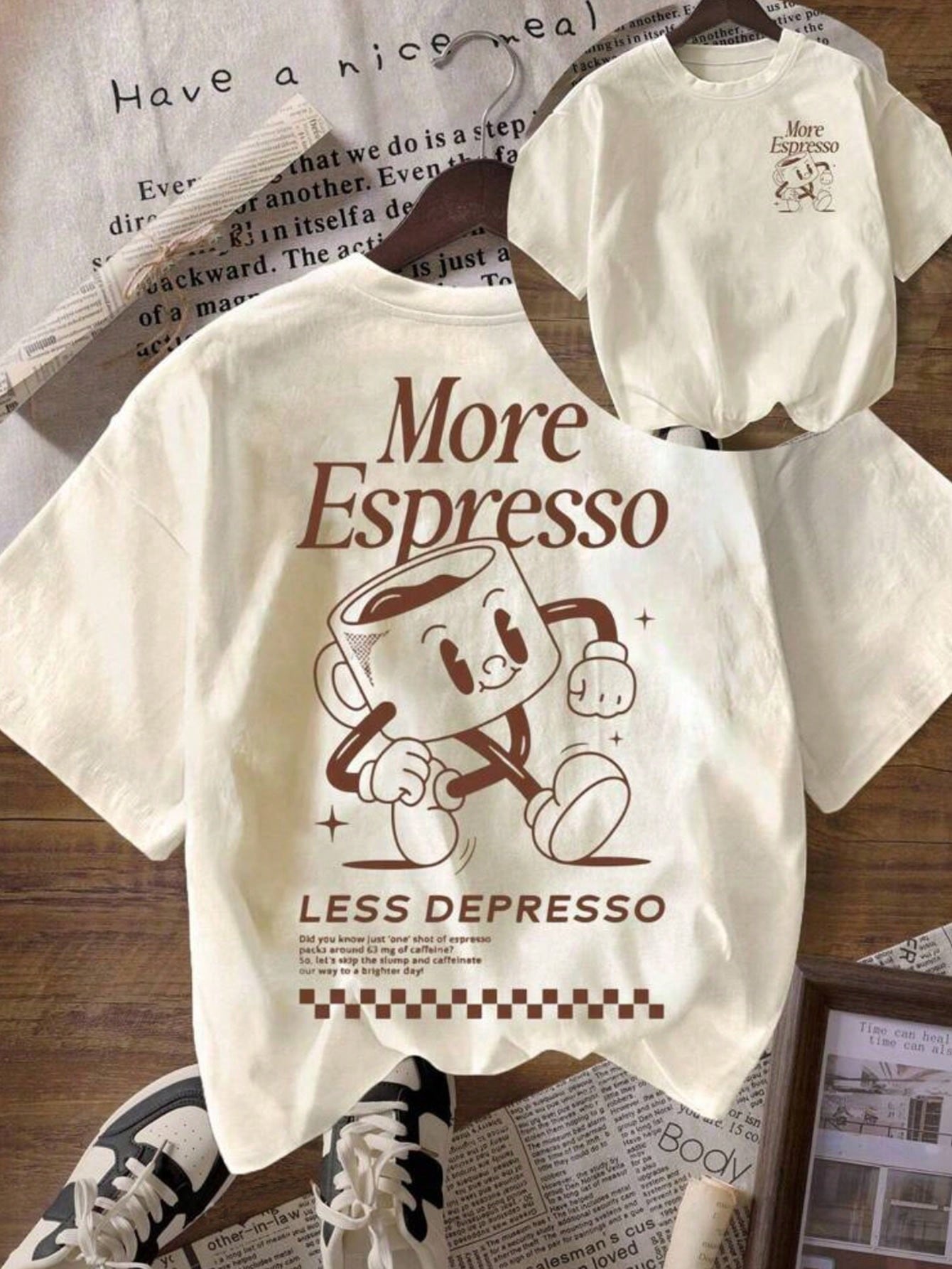 Plus-Size Coffee Club Pattern Loose-Fitting Crew Neck Short-Sleeved T-Shirt, Women's Summer Clothing, Suitable For Everyday Wear. Casual