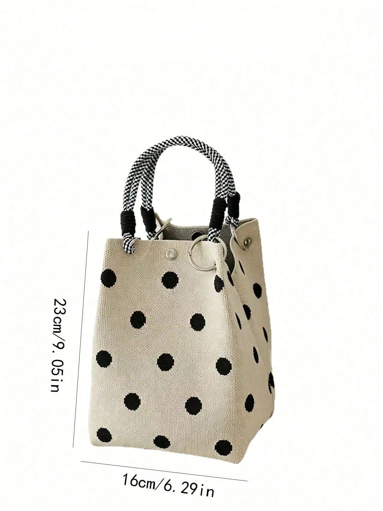 Practical And Stylish Canvas Tote Bag, Featuring Classic Polka Dot Pattern And Sturdy Woven Rope Handles. Durable Fabric, Secure Snap Closure And Spacious Interior Make It An Ideal Choice For Daily Us