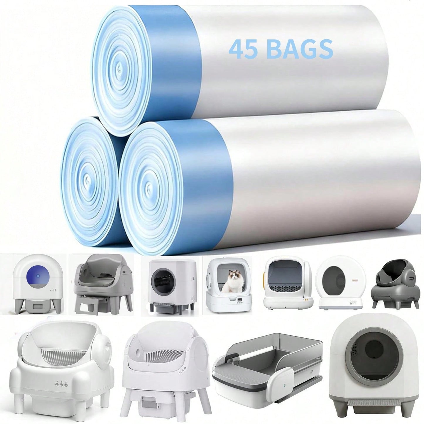Pre-Separated Drawstring Cat Litter Bags 45Pcs, 26"*13" Universal Liner For 90% Cat Litter Boxes, Self-Cleaning Replacement Liners 3 Rolls 3-Month Use