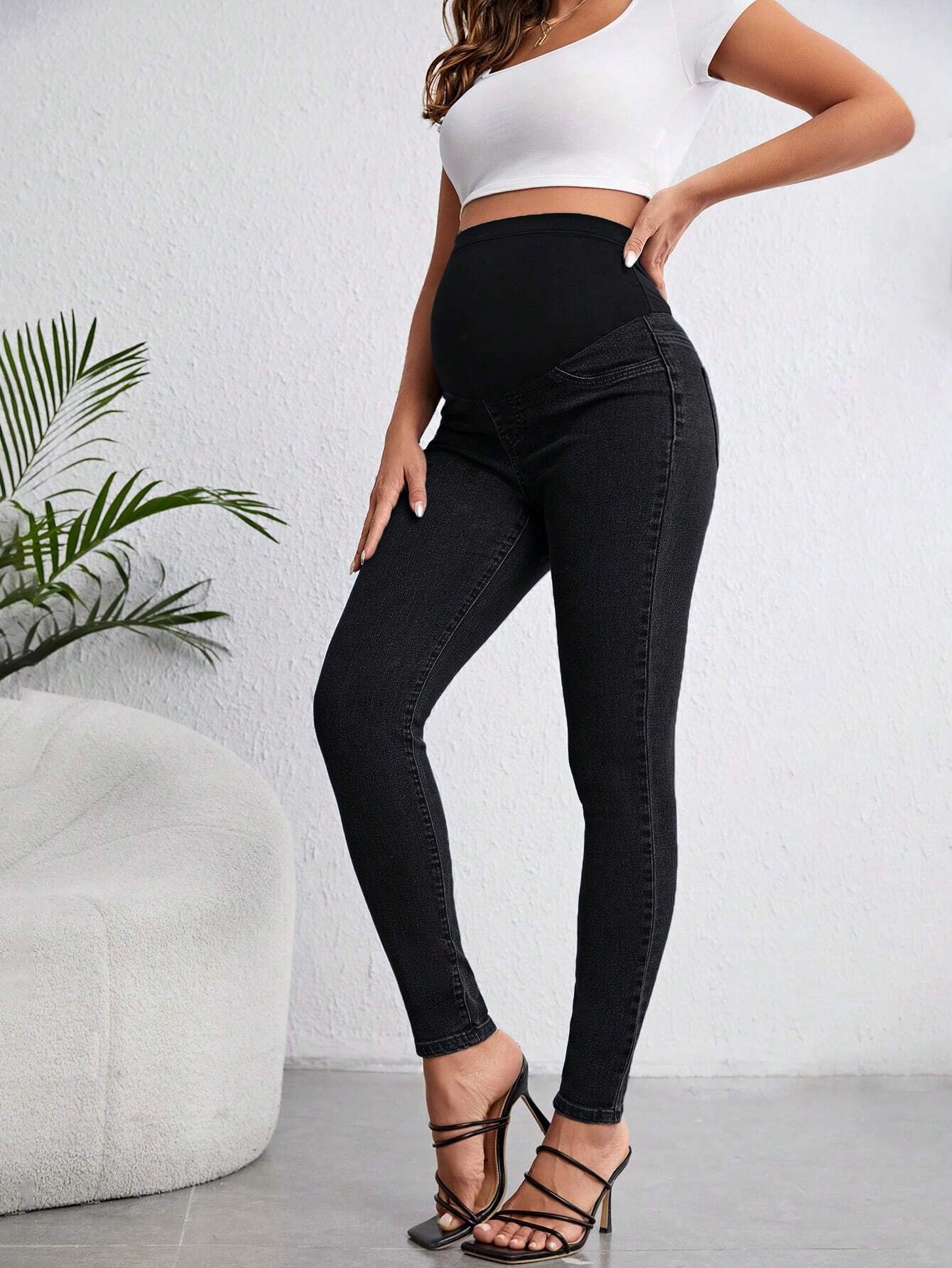 Pregnant Women Solid Color Simple Daily Denim Pants For Maternity Jeans