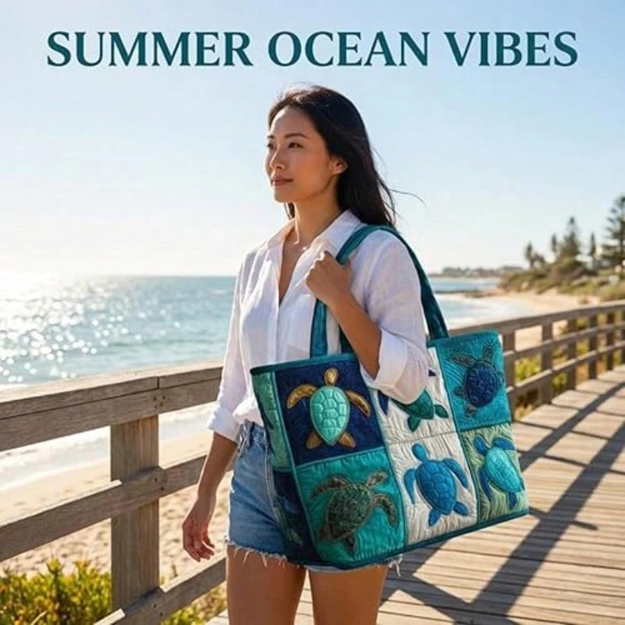Quilted Tote Bag For Women For Women With Sea Turtle Patchwork Design, Machine Washable Canvas Beach Bag, Vacation, Shopping And Everyday Use