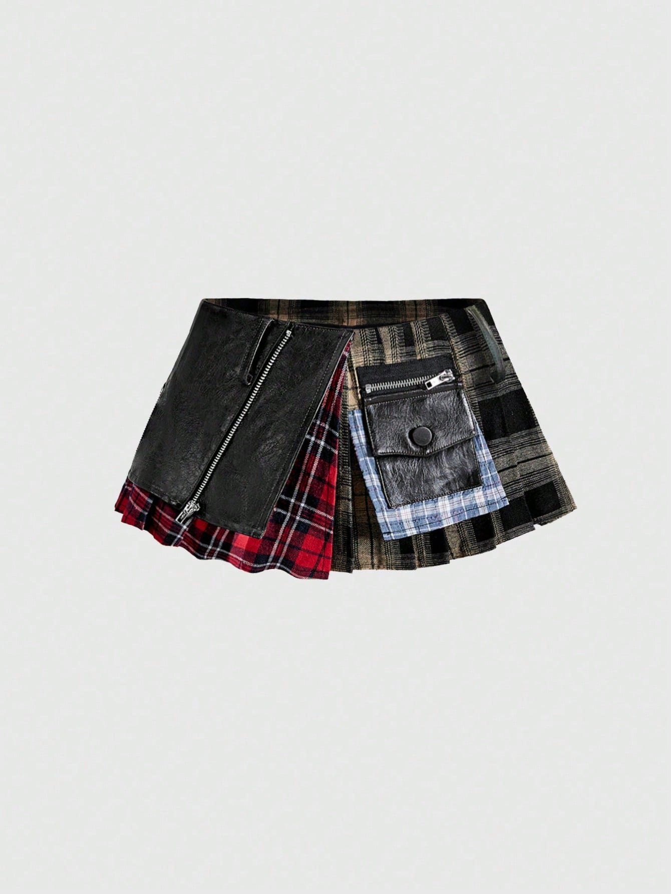 ROMWE Grunge Punk Women's Kpop Asymmetric Hem Plaid Patchwork Skirt