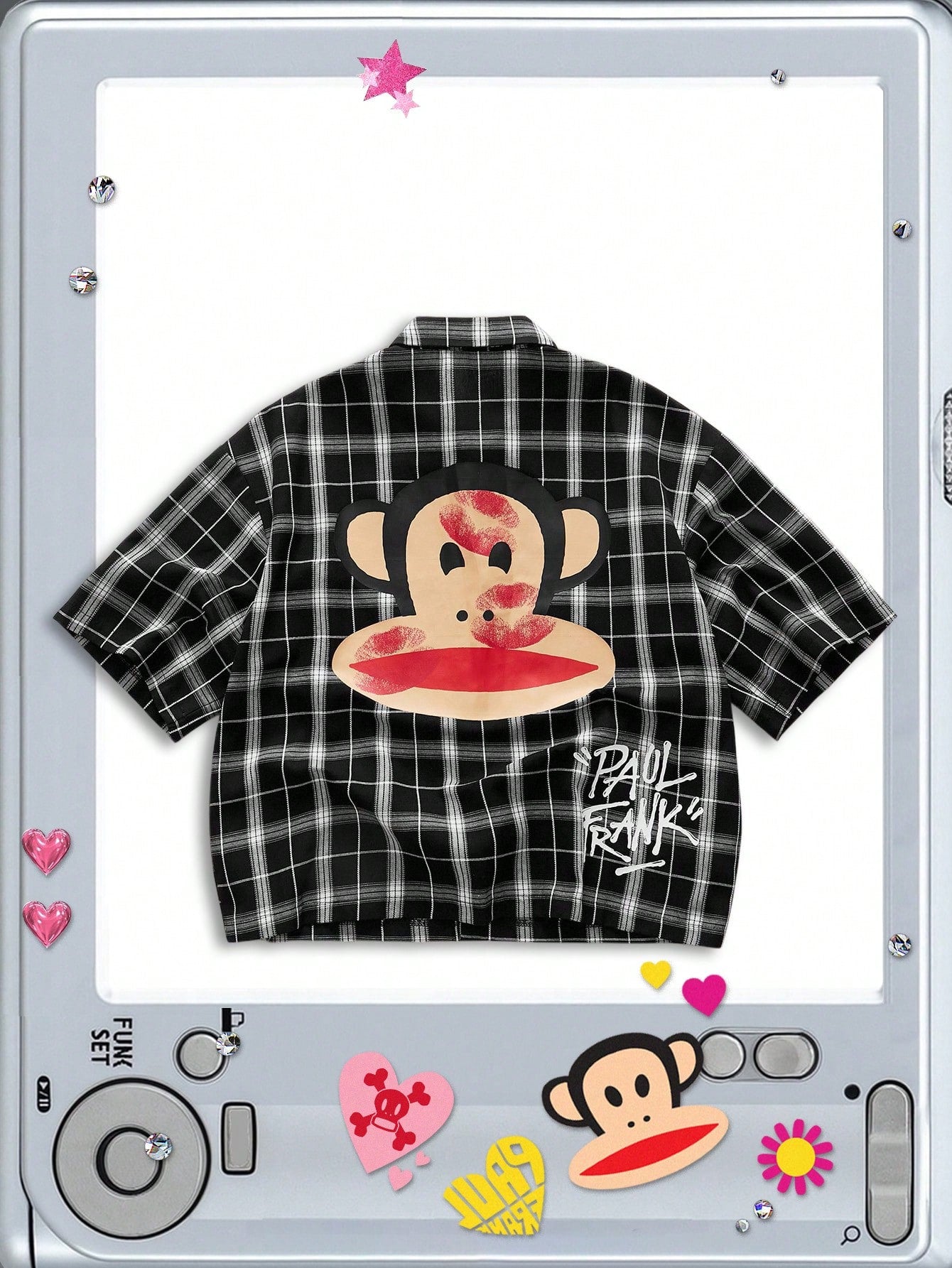 ROMWE MEN Paul Frank X ROMWE Spring/Summer Valentine 'Sday Casual Graphic White Men'S Plaid And Letter Graphic Button Front Summer Short Sleeve Shirt