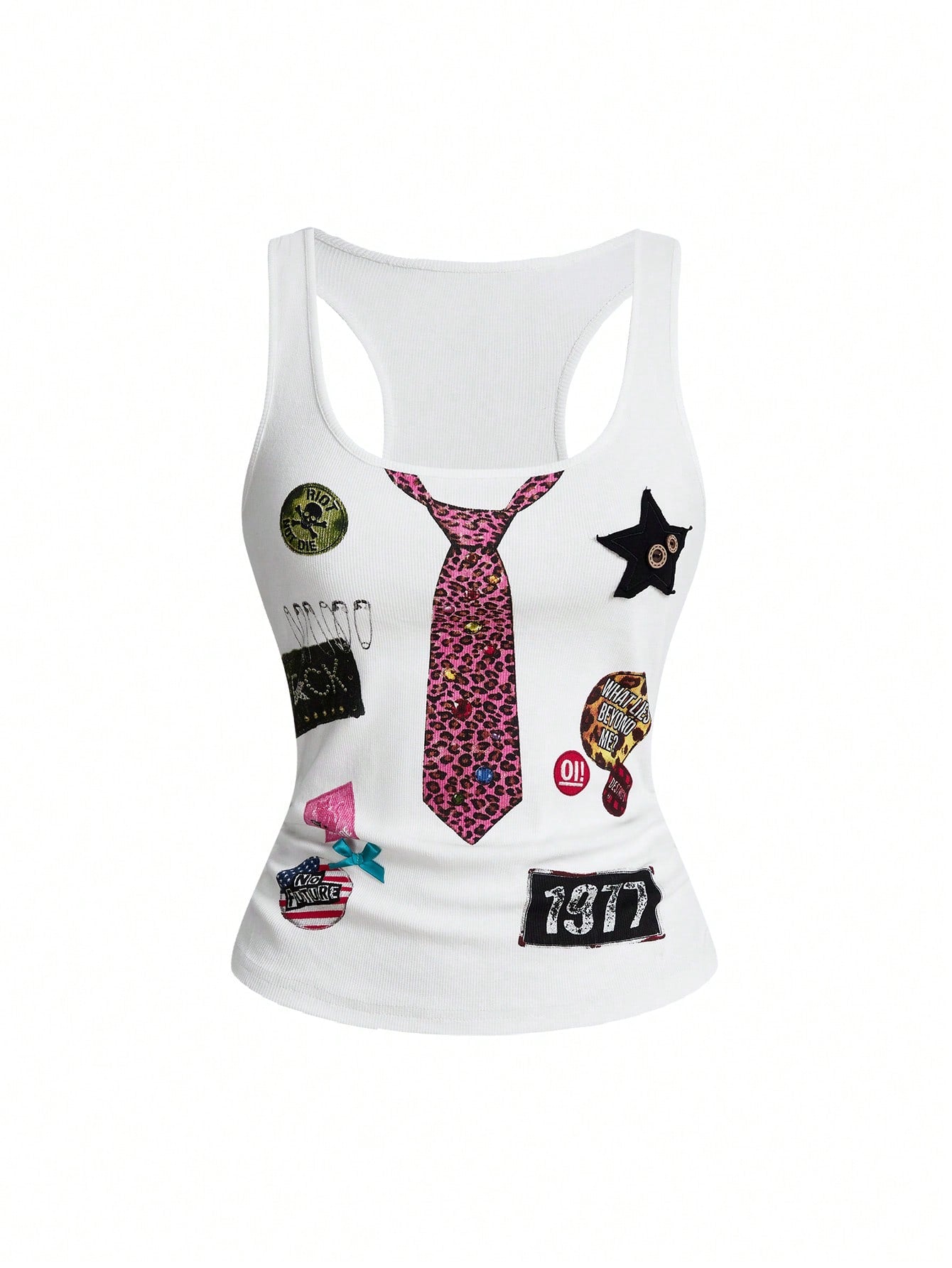ROMWE Street Life Summer Outfits Music Festival Punk Badge Patchwork Print Button Bow Tie Camisole