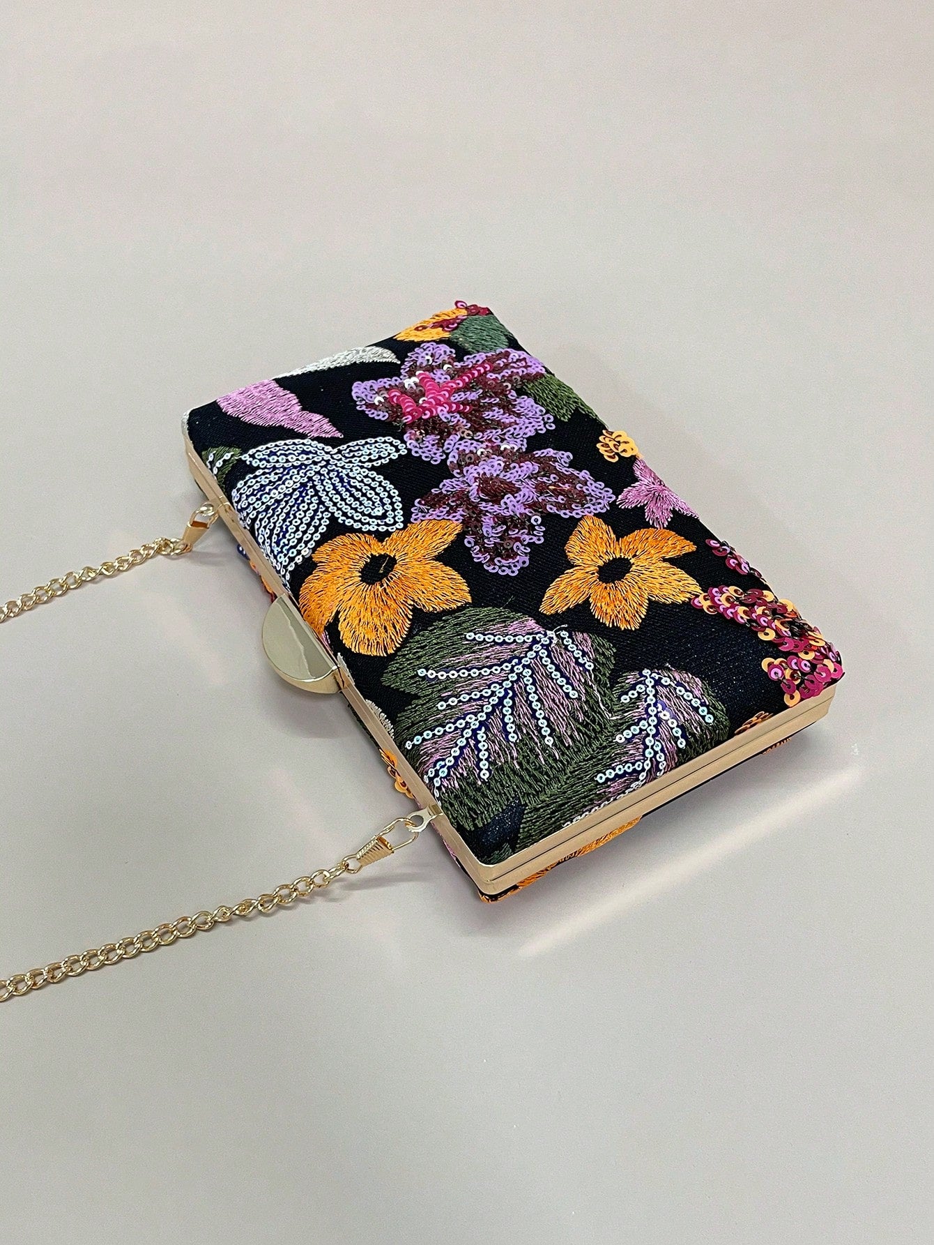 Sequined Embroidered Floral Evening Clutch Bag (Random Pattern, One-Of-A-Kind), Elegant And Exquisite Fashion Women's Handbag With Metal Chain