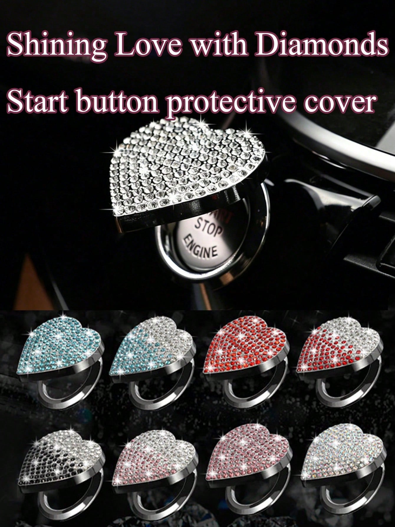 Shiny Car Engine Start Button Cover, Diamond Interior Crystal One-Touch Start Button Ring Cover, Sparkling Accessory, Heart-Shaped Sparkling Ignition Button, Rhinestone Engine Ring, Universal Fit For