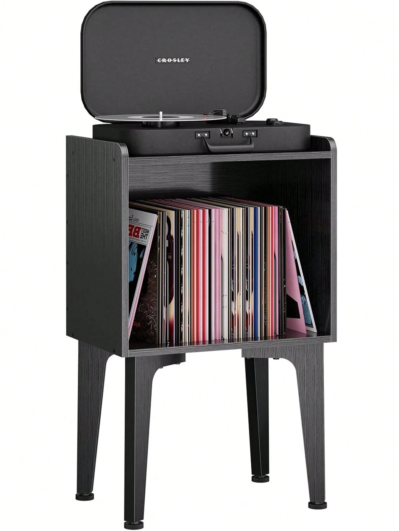 Simple Trending Record Player Stand, Vinyl Record Storage Table, Small Space Record Player Organizer Shelf, Turntable Stand Holds Up To 100 Albums, For Bedroom Living Room, Black