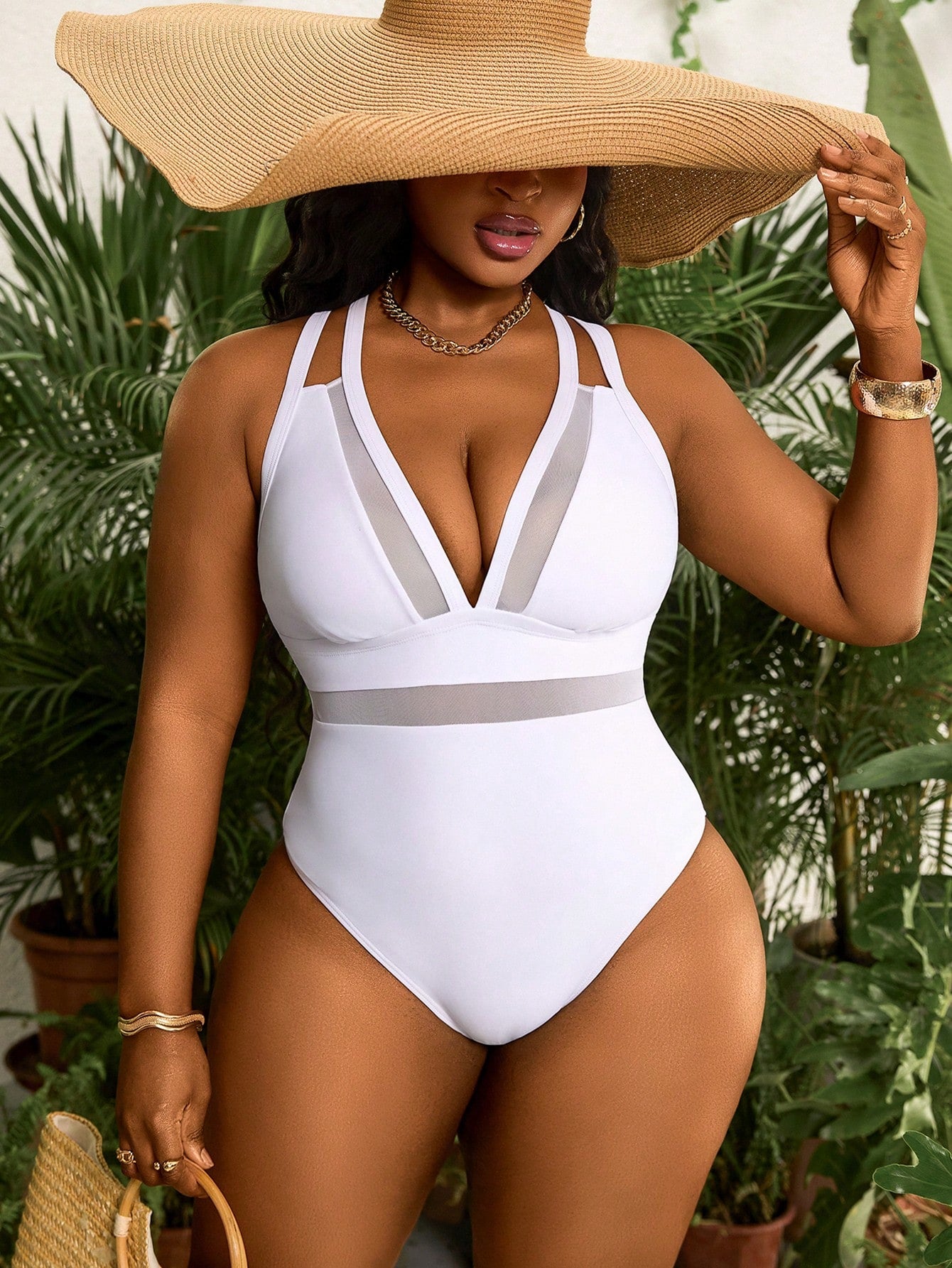 Slaydiva Plus Size Sexy Deep V Neck Mesh Panel Strappy One-Piece Swimsuit For Summer Beach Vacation
