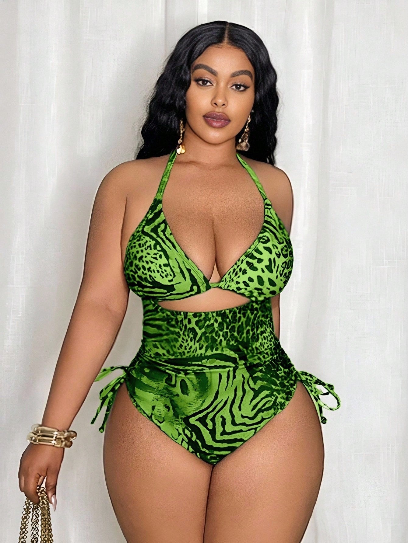 Slaydiva Plus Size Women Random Leopard Print Triangle Top And Side Tie One-Piece Swimsuit For Summer Beach Vacation