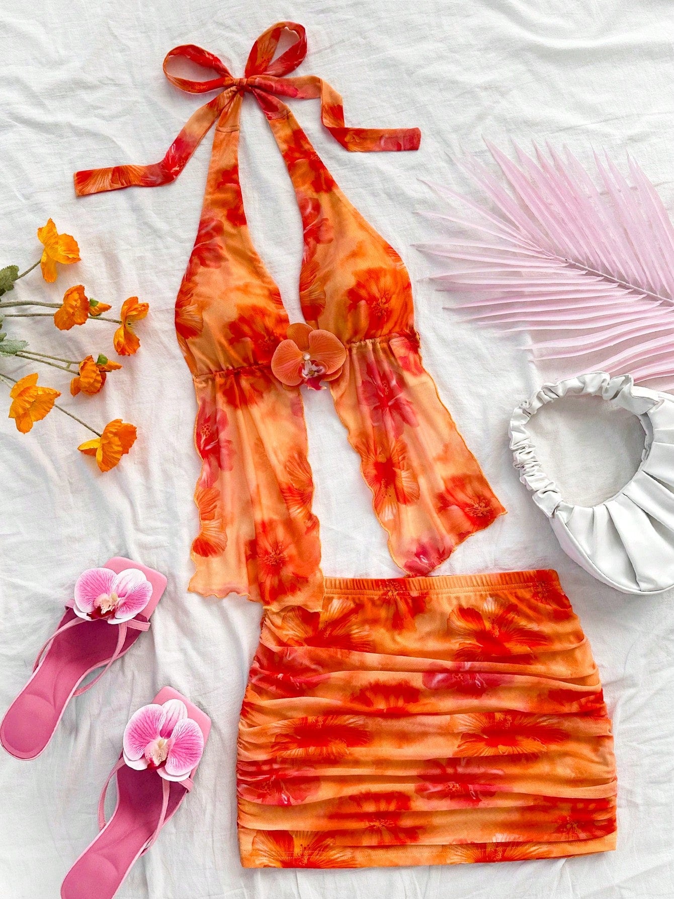 Soleia Women's Retro Tie-Dye Floral Print Mesh Halter Backless Tie-Up Top And Ruched Mini Skirt Set,Orange Red,Summer,Casual,Holiday No Chest Padding
