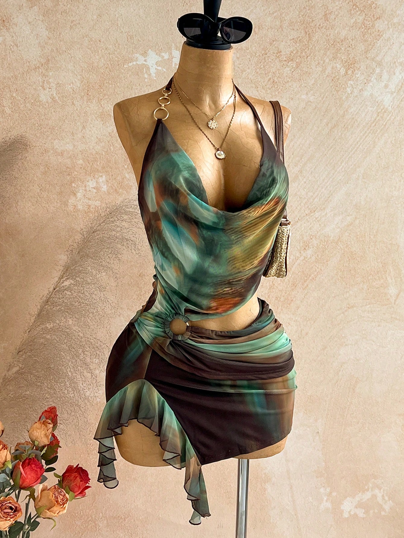 Soleia Women's Vintage Sexy Dark Brown Mini Dress Summer 70s Holiday Party Club Night Out Vacation Beach Cruise Boho Hippie Hollow Neck Ruffle Hem Slit