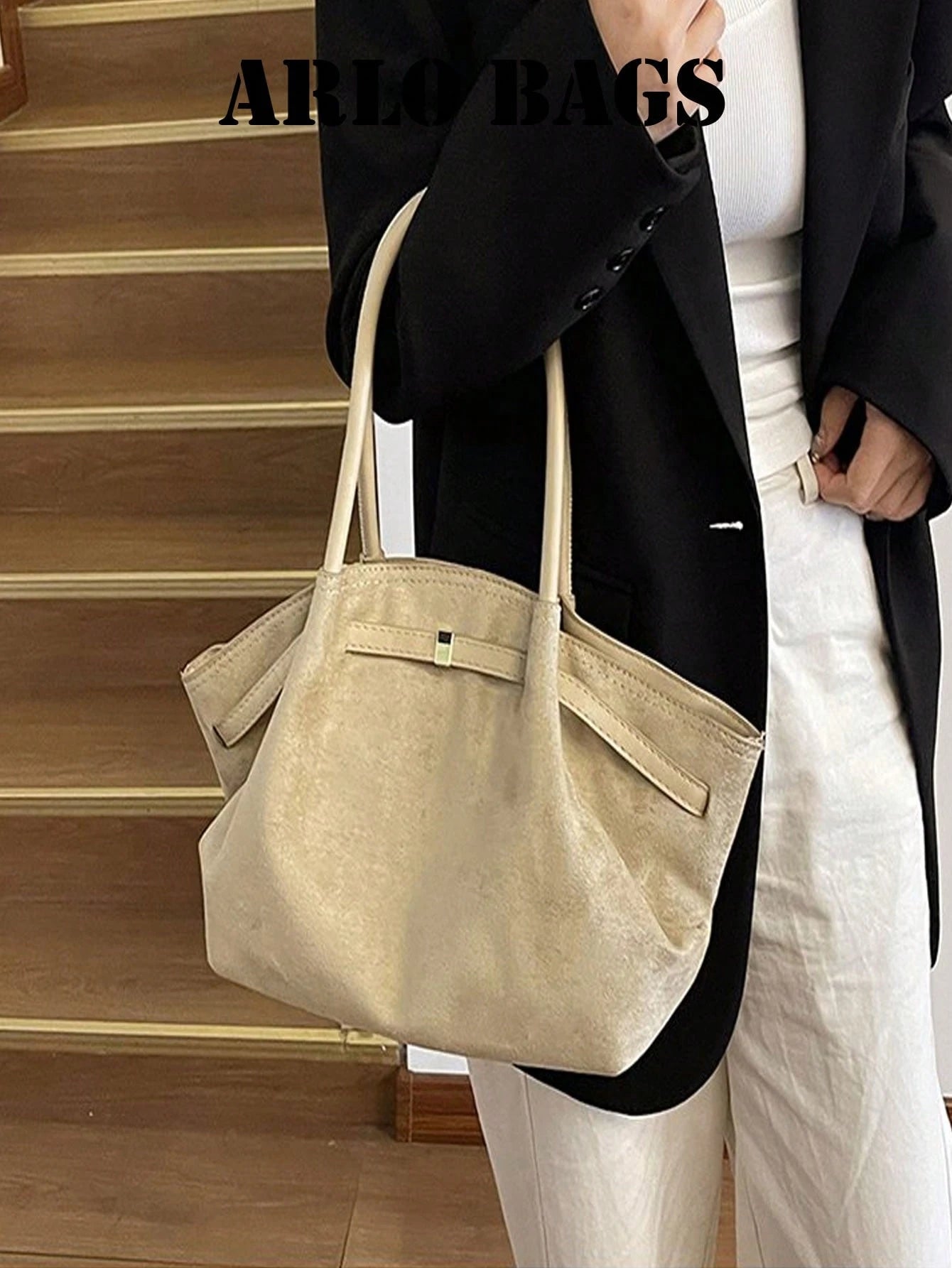 Stylish Suede Tote Bag With Contrasting PU Handles, Gold Square Metal Buckle, Soft And Spacious Design, Perfect For Everyday Commuting.