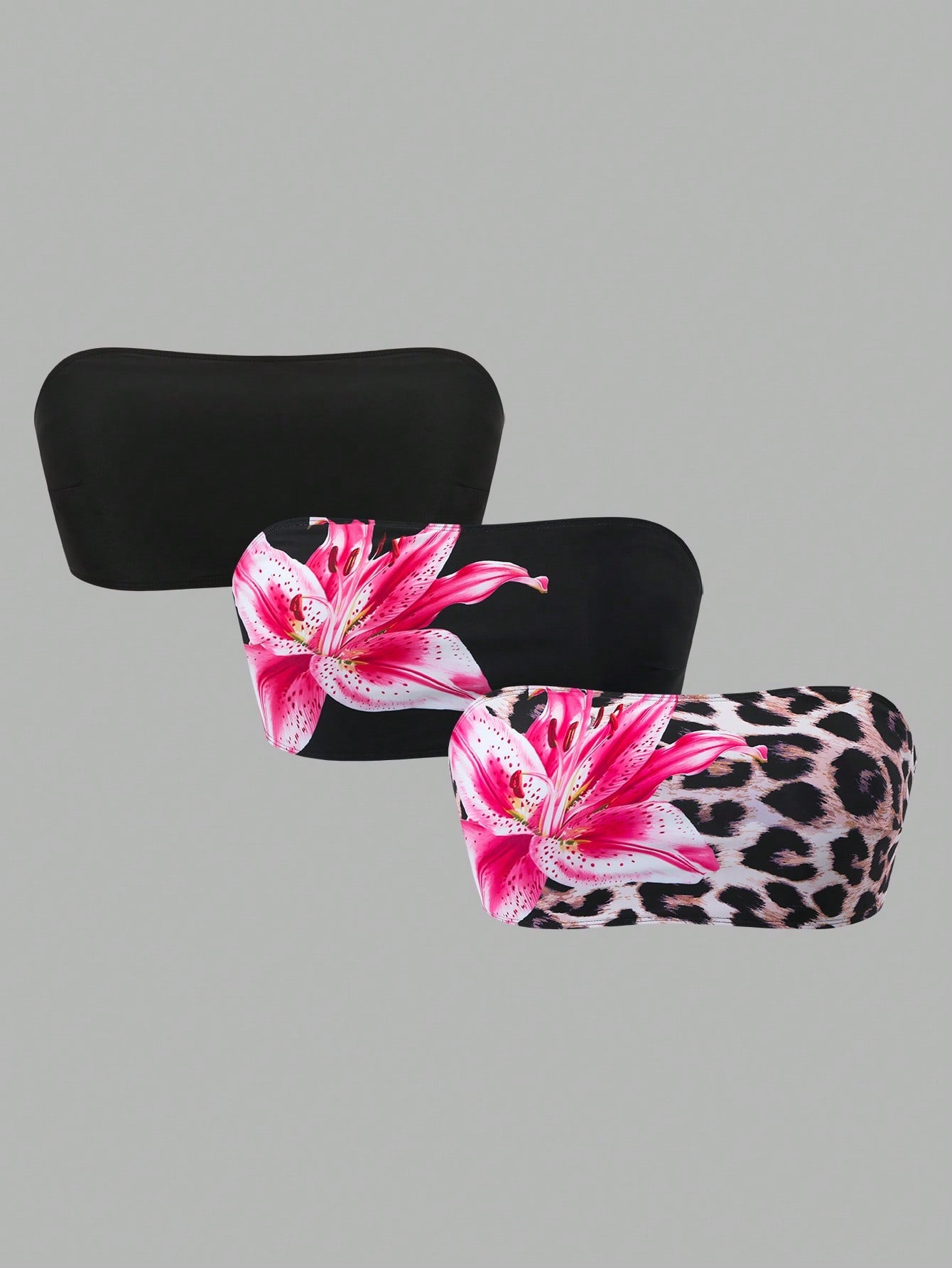 Swim Curve Plus Size Floral Print Bandeau Swimsuit Top 3pcs Set
