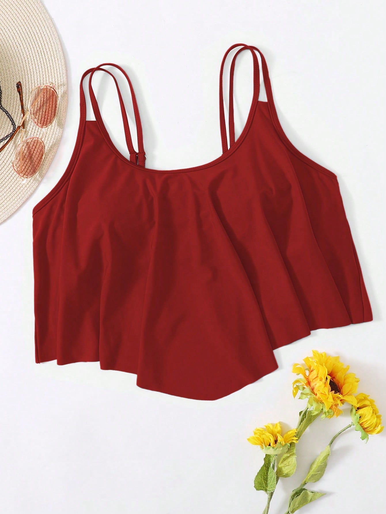 Swim Curve Plus Size Women's Solid Color Ruffle Trim One-Piece Swimwear Top For Summer Beach Vacation