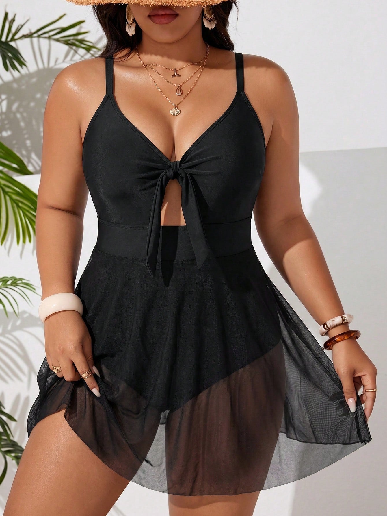 Swim Curve Plus Size Women Solid Color Ruched Spaghetti Strap One-Piece Swimsuit, Suitable For Beach Vacation, Pool Party, Beach Party