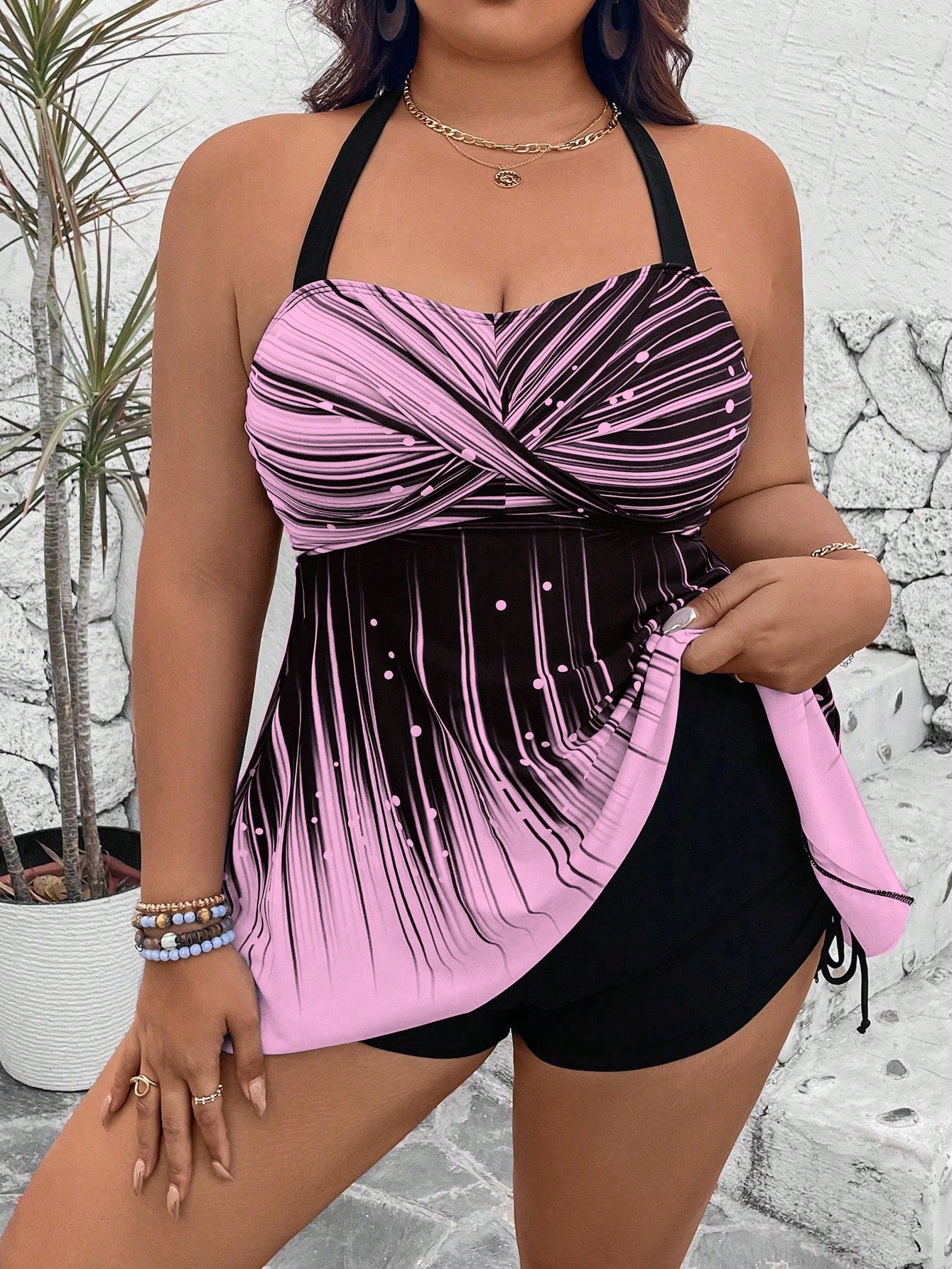 Swim Lushoire Plus Size 2-Piece Set: Printed Top And Solid High-Waist Shorts, Spaghetti Strap Criss-Cross Backless Top Style Casual Swimwear