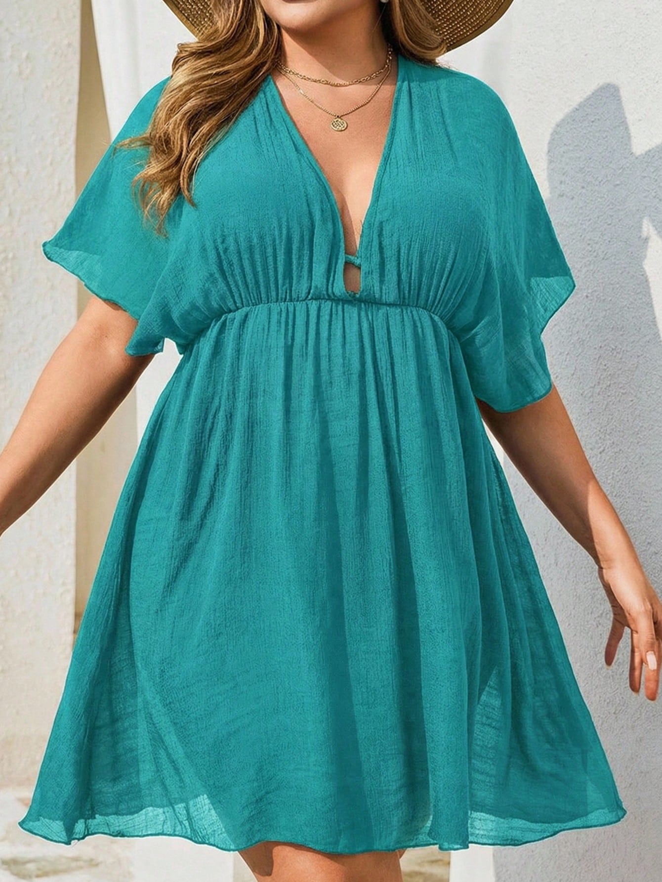 Swim Lushoire Plus Size Solid Color Beach Cover-Up, Basic Style For Summer