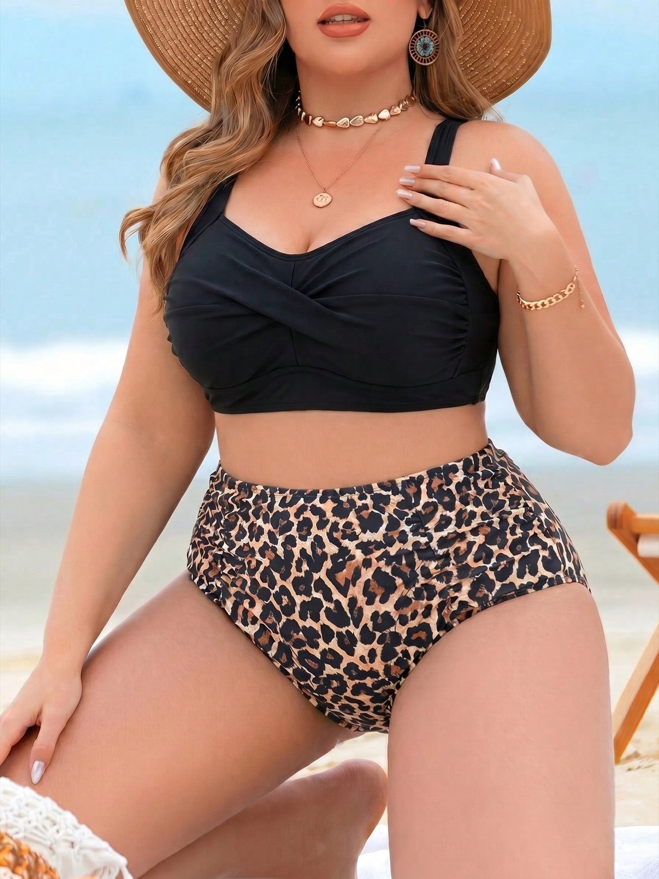 Swim Lushoire Plus Size Women 2 Pieces High Waist Separate Random Print Conservative Slim Fit Push-Up Beach Vacation Swimsuit Set