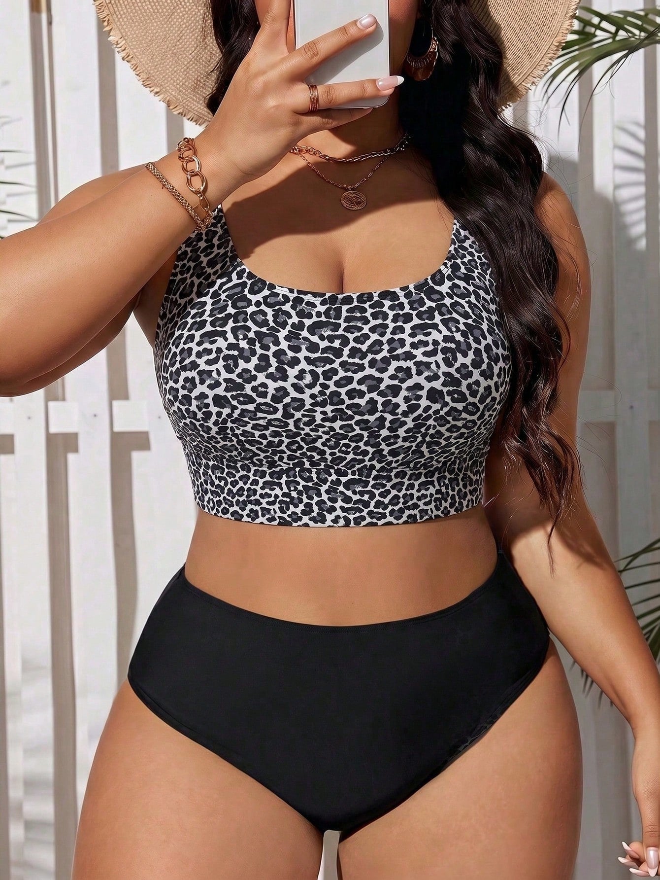 Swim Lushoire Plus Size Women's Summer Beach Leopard Print Casual Sexy Tankini Swimsuit Set Black
