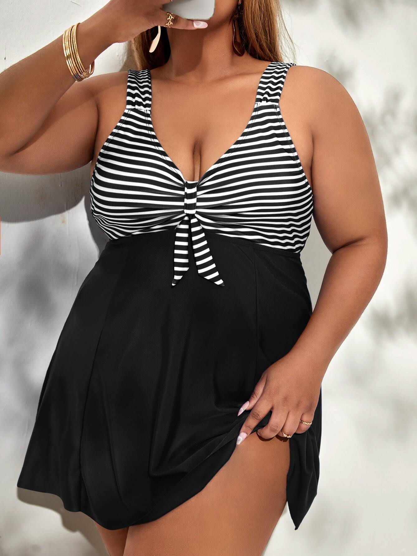 Swim Lushoire Summer Beach Plus Striped Tankini Set Knot Front Swim Dress & Bikini Bottom 2 Piece Swimsuit