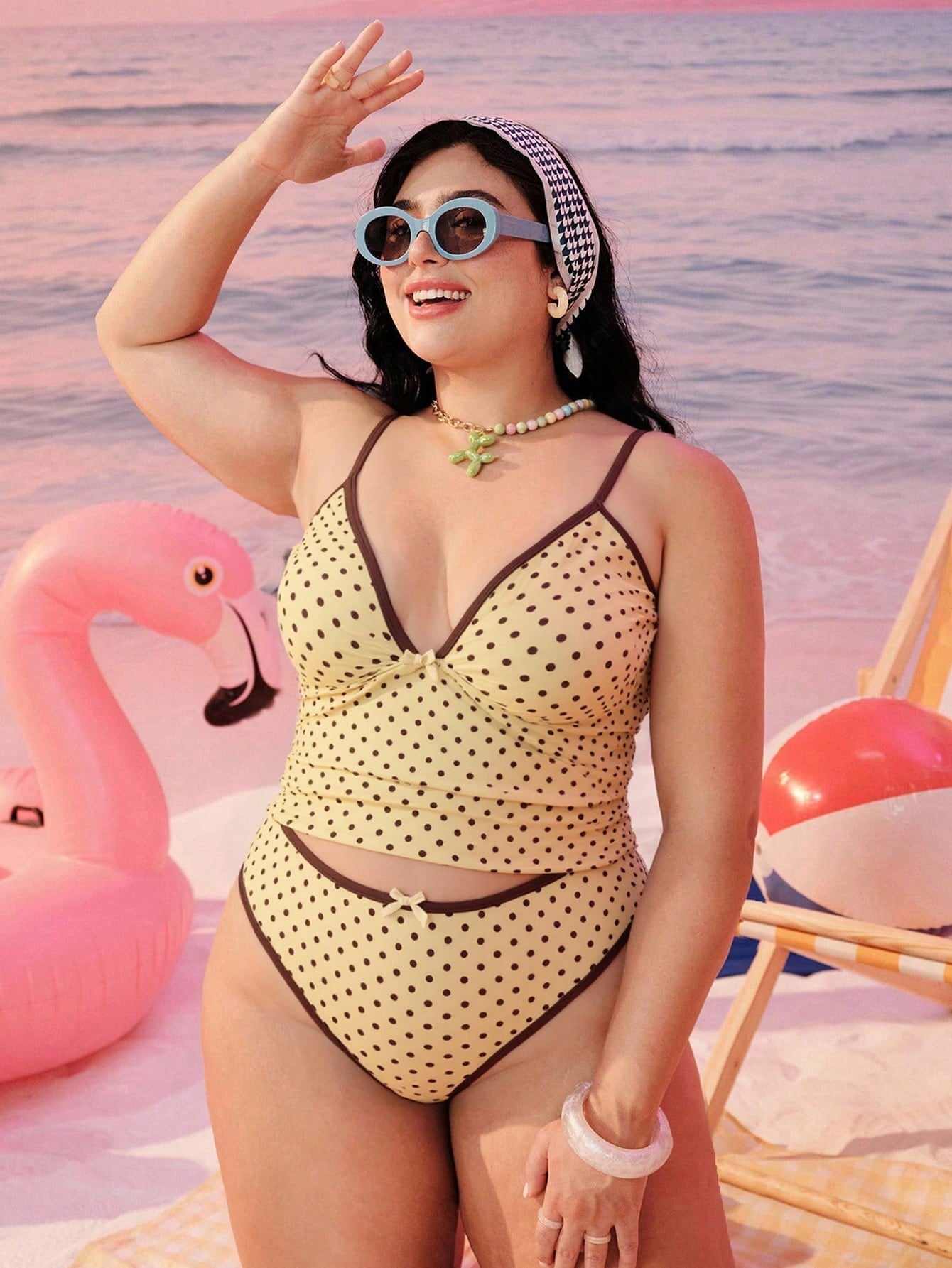 Swim Mod 2026 New Plus Size Women 2-Piece Geometric Print Fashionable Casual Modest Bowknot Adjustable Strap High Waist High Leg Triangle Bikini Swimwear