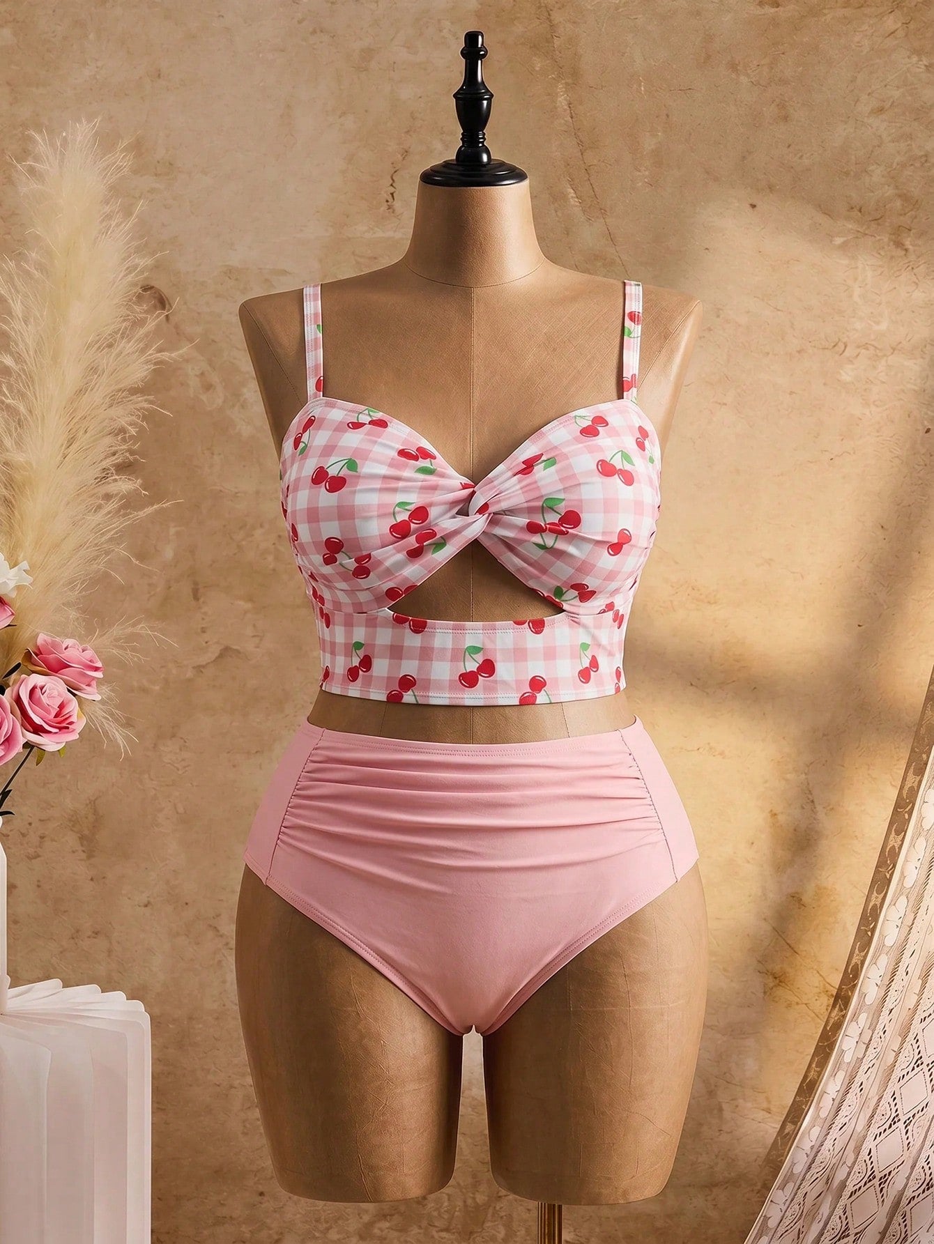 Swim Mod 2026 New Sweet Fruit Plaid Pink Plus Size Women's Bikini Set Beach Summer Flapper 1920s