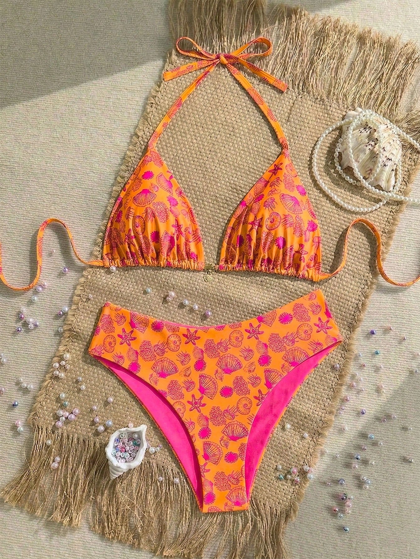 Swim Mod Plus Size Women Seashell Print Sweet Beach Vacation Bikini Set Pink Summer
