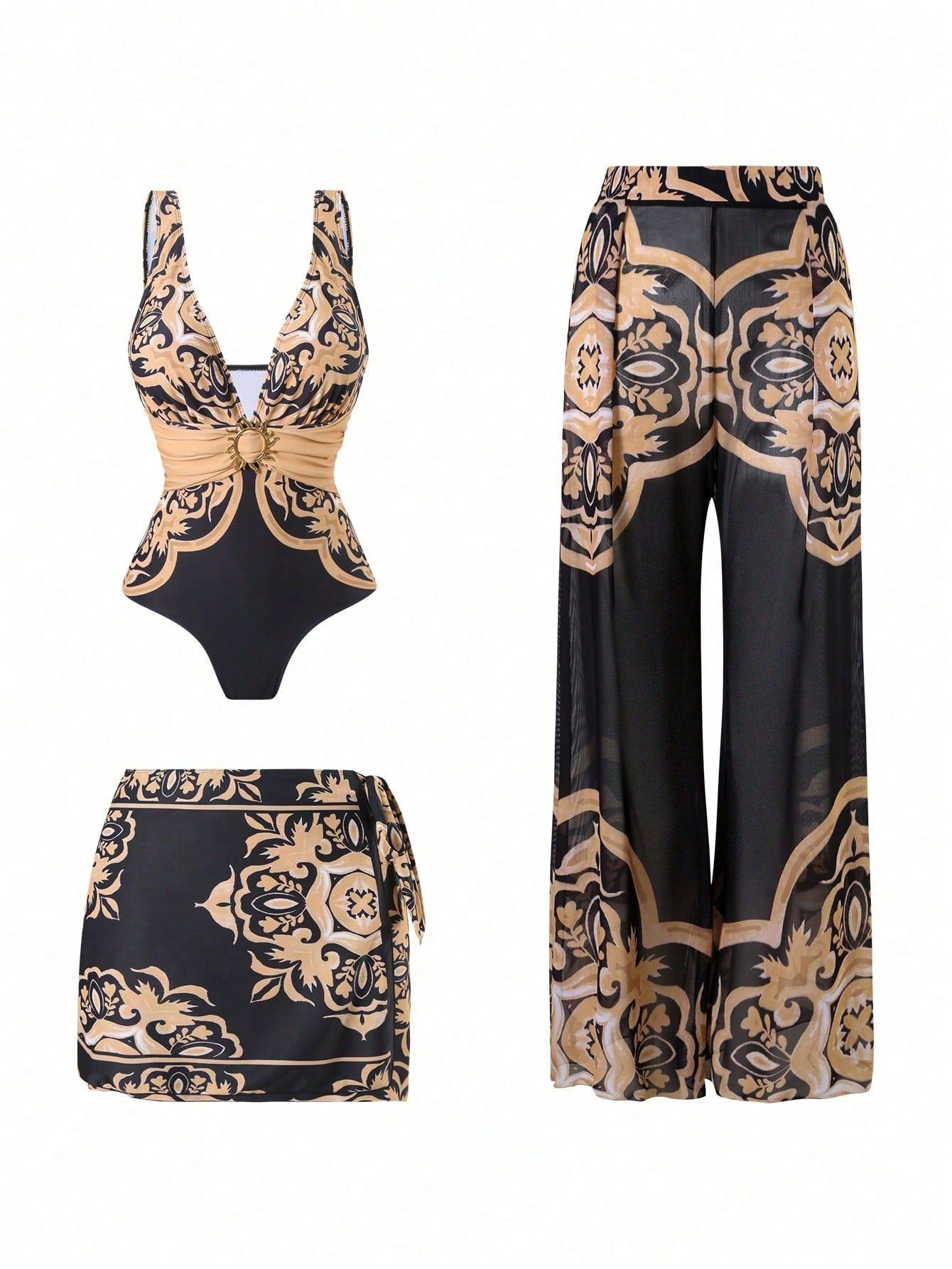 Swim Oasis 3pcs Plus Size Women's Minimalist One-Piece Swimsuit Set, Daily Summer Beach Vacation Outfit