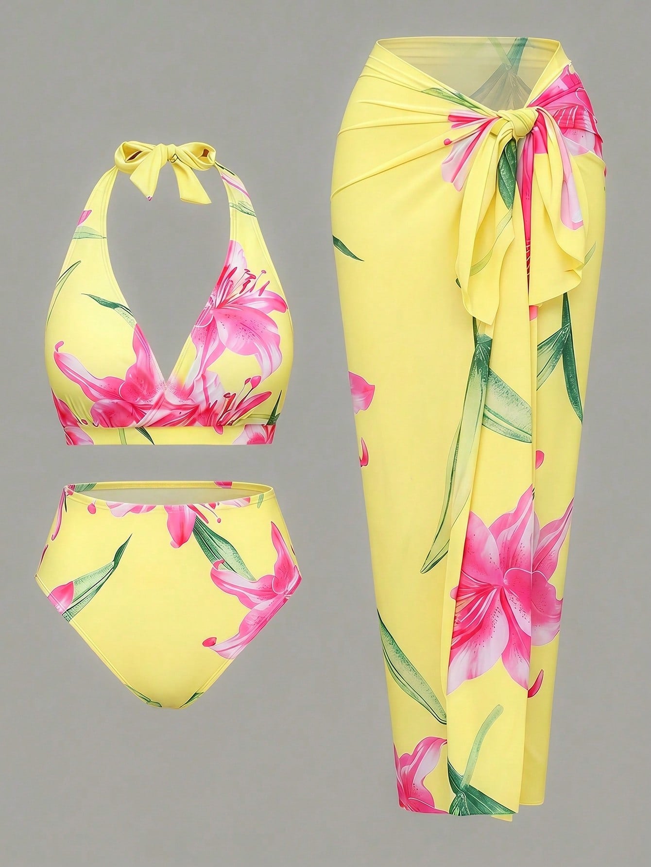 Swim Oasis Plus Size Women 3-Piece Sexy Halter Random Digital Print Beach/Pool Casual Elegant Swimwear Set
