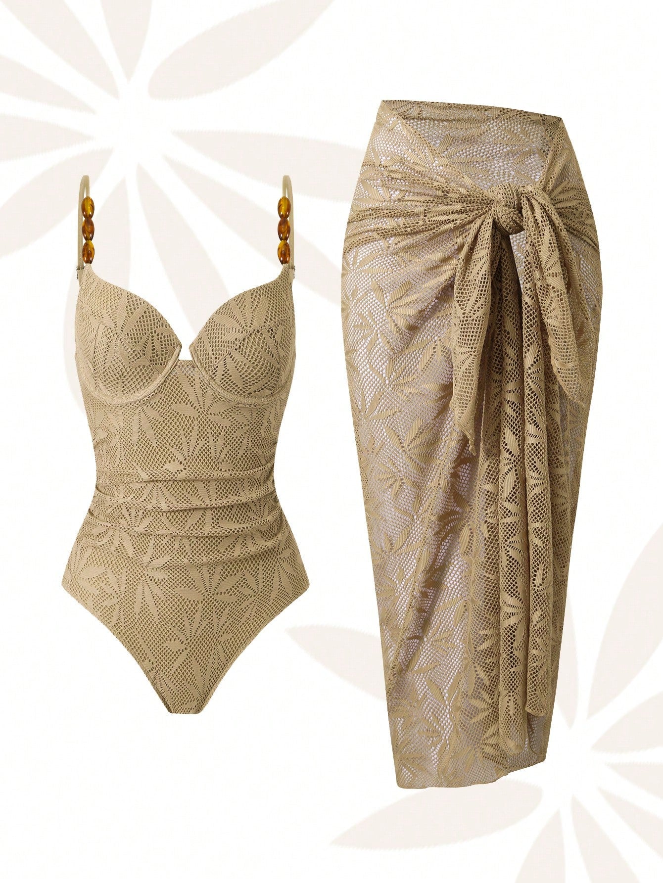 Swim Oasis Plus Size Women's One-Piece Swimsuit With Skirt,Khaki,Summer,Elegant,Beach,Holiday Special Fabric Mesh Rhinestone Supportive Straps Waist