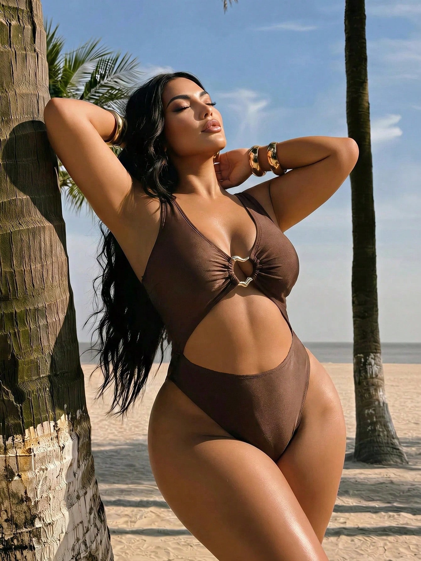Swim SXY 2026 New Summer Beach Vacation Sexy One-Piece Swimsuit, Solid Color Thick Shoulder Straps Hollow Front Panel Fashion Asymmetric Decor Elegant Plus Size Chocolate Brown One-Piece Swimsuit