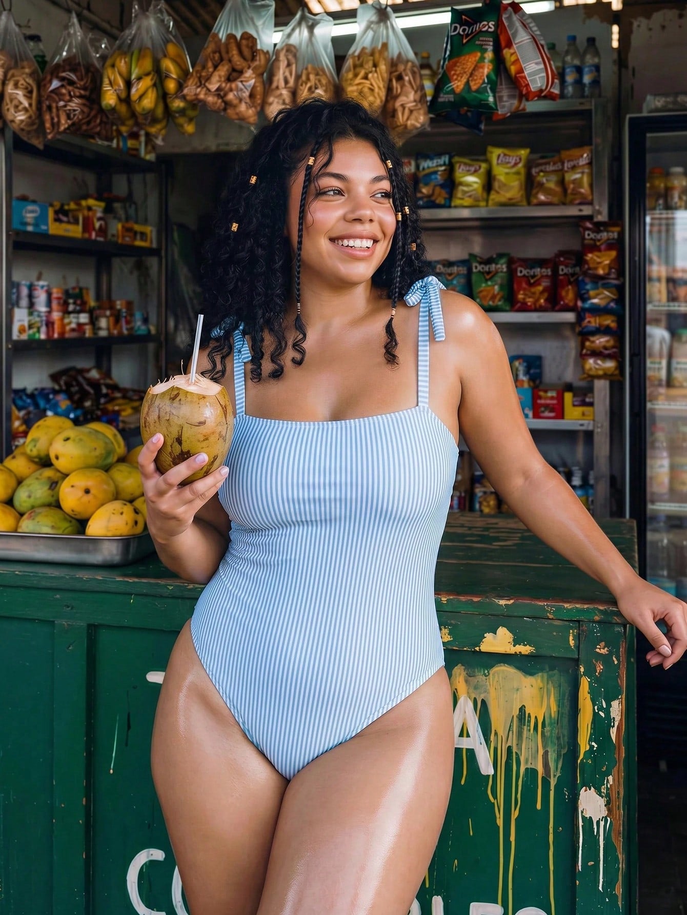 Swim Vcay 2026 New Summer Beach Vacation Women's Striped Print Minimalist Casual One-Piece Swimsuit With Shoulder Straps, Plus Size
