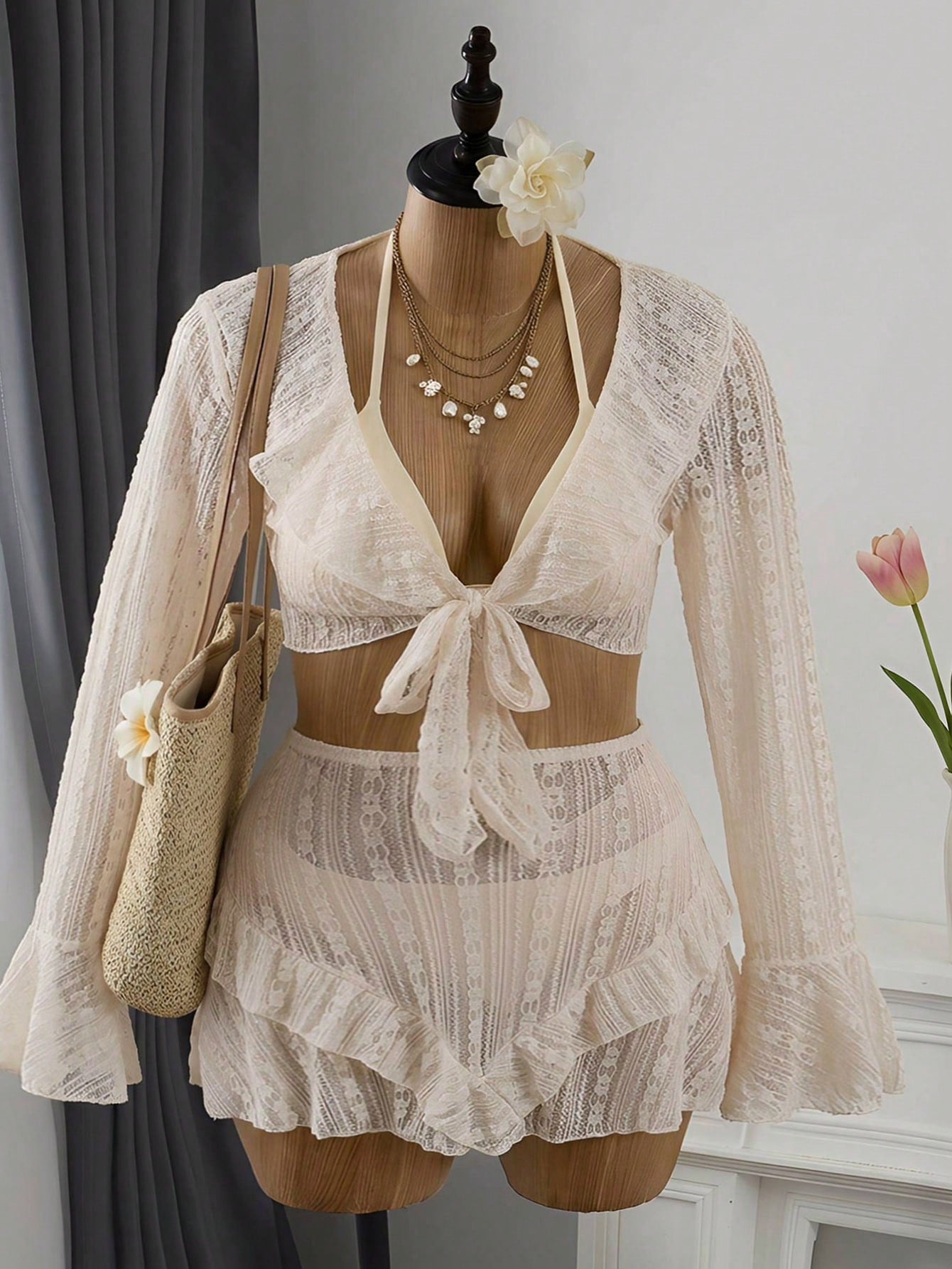 Swim Vcay Plus Size 4-Piece White Bikini Set, Summer Tropical Beach Holiday Semi-Sheer Long Sleeve Cover-Up, High-Waist Asymmetric Hem Mini Skirt&Crossover