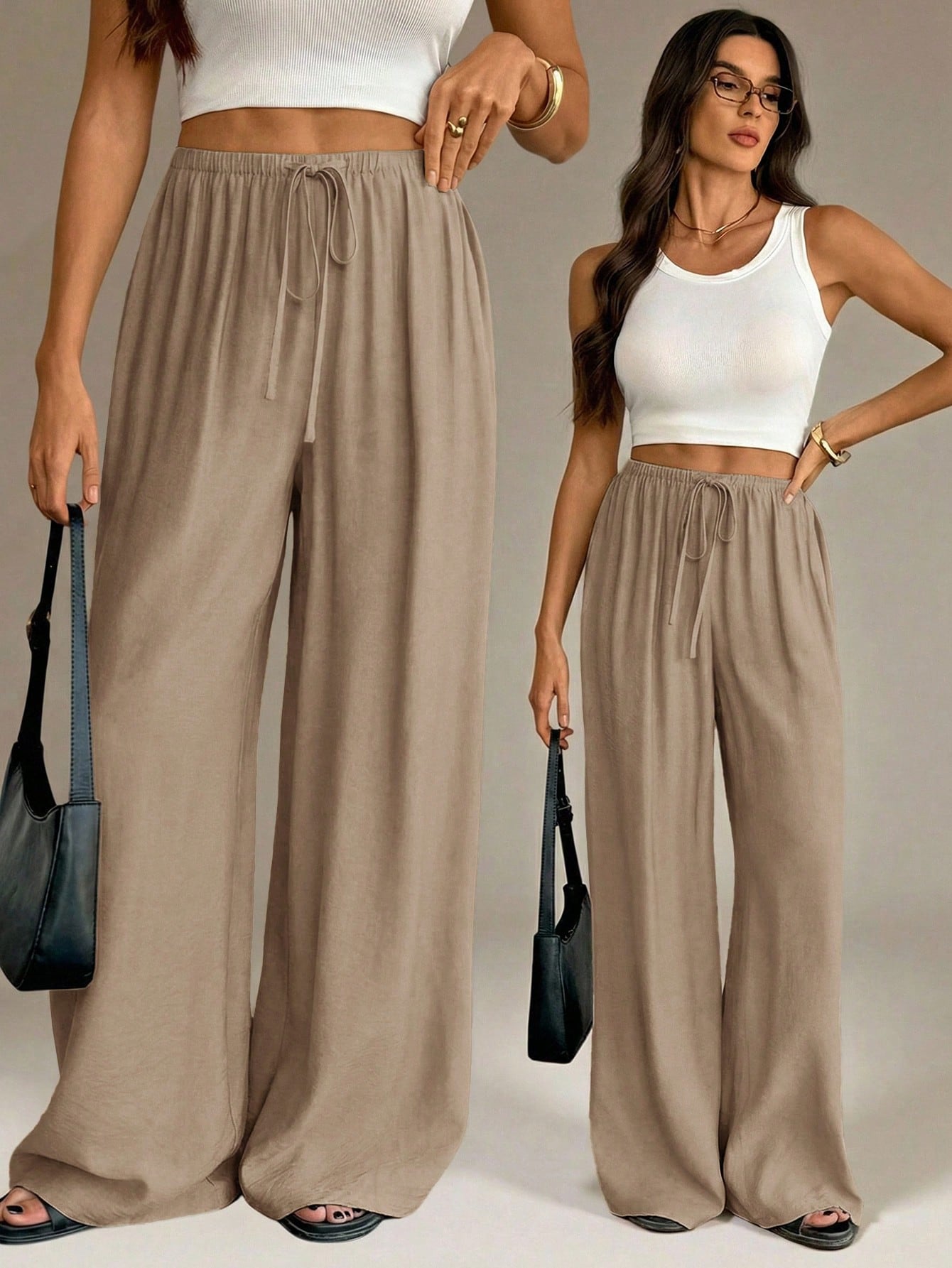 Tall Spring&Summer Women Khaki Elegant Unique Wide Leg Pants,Vacation Holiday Straight Leg Casual Baggy Trousers For Office,Business Casual,Streetwear, Tall Women